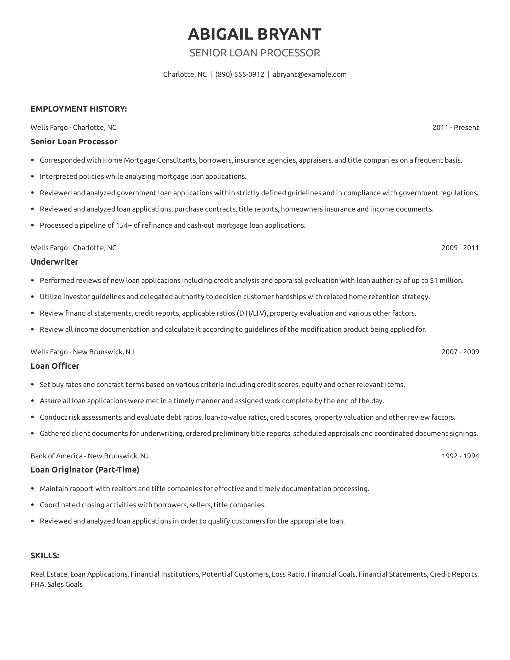 Senior Loan Processor resume example