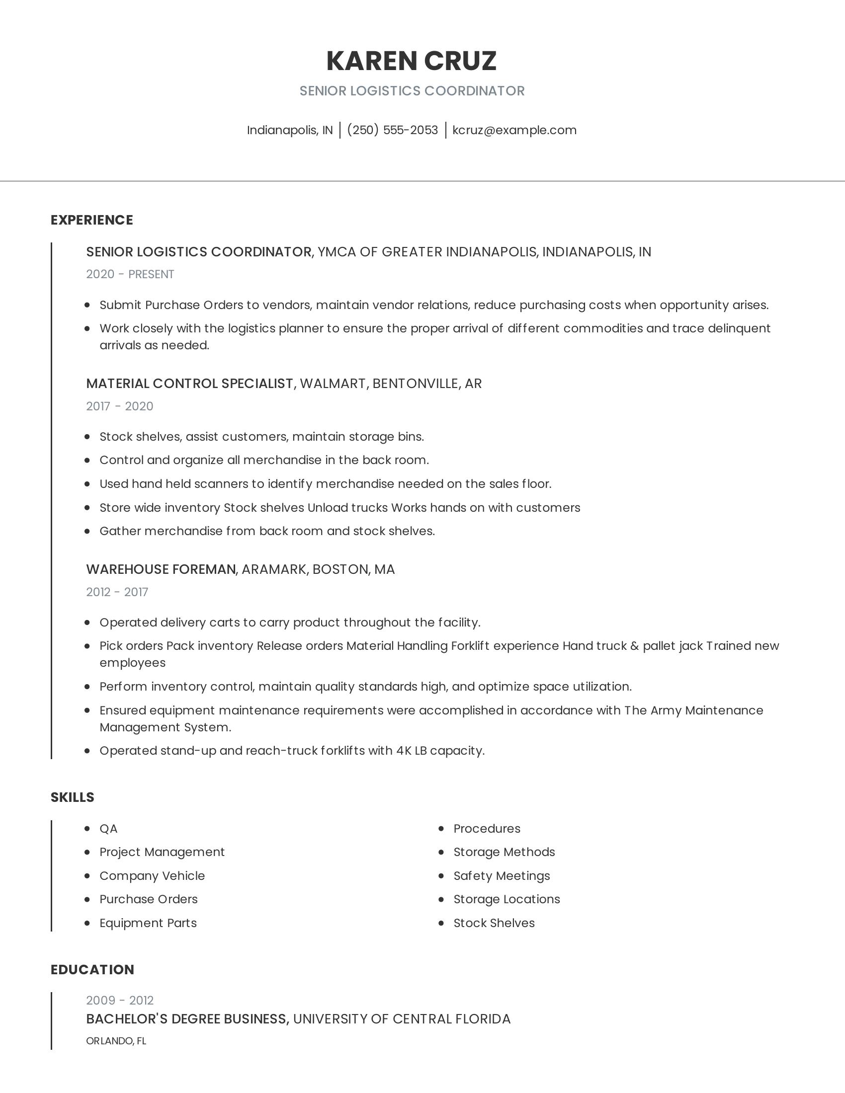 Senior Logistics Coordinator resume example