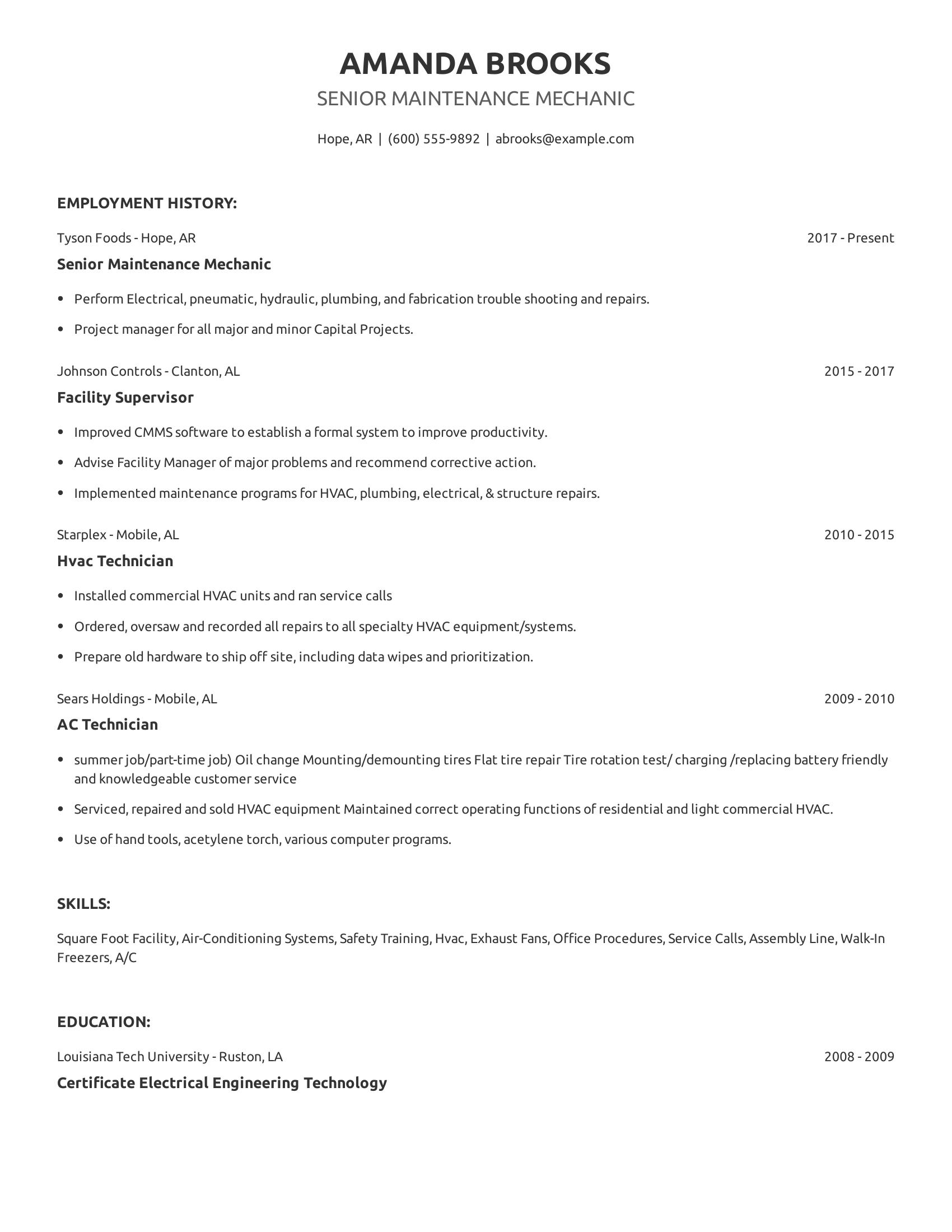 Senior Maintenance Mechanic resume example