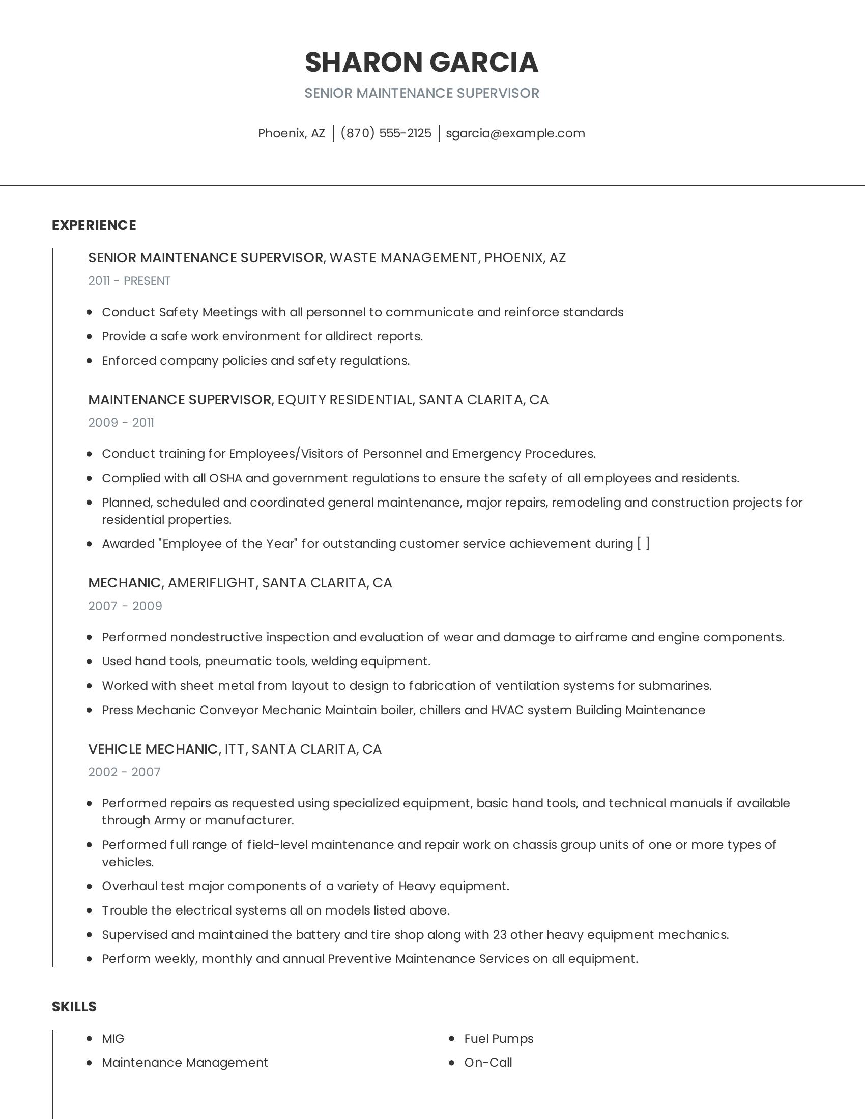 Senior Maintenance Supervisor resume example