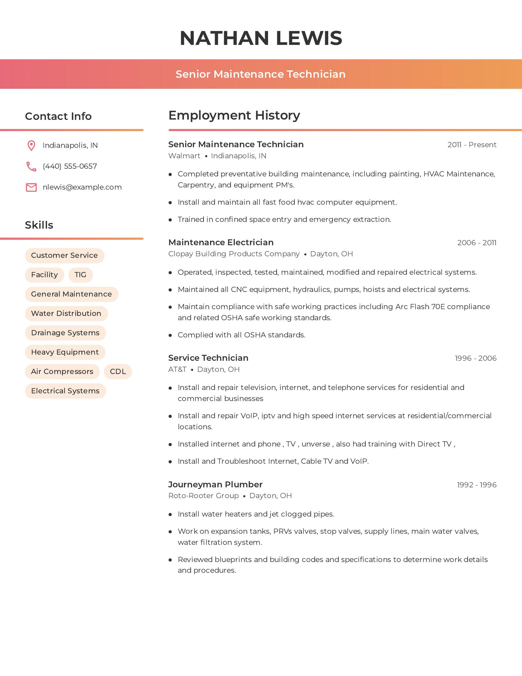 Senior Maintenance Technician resume example