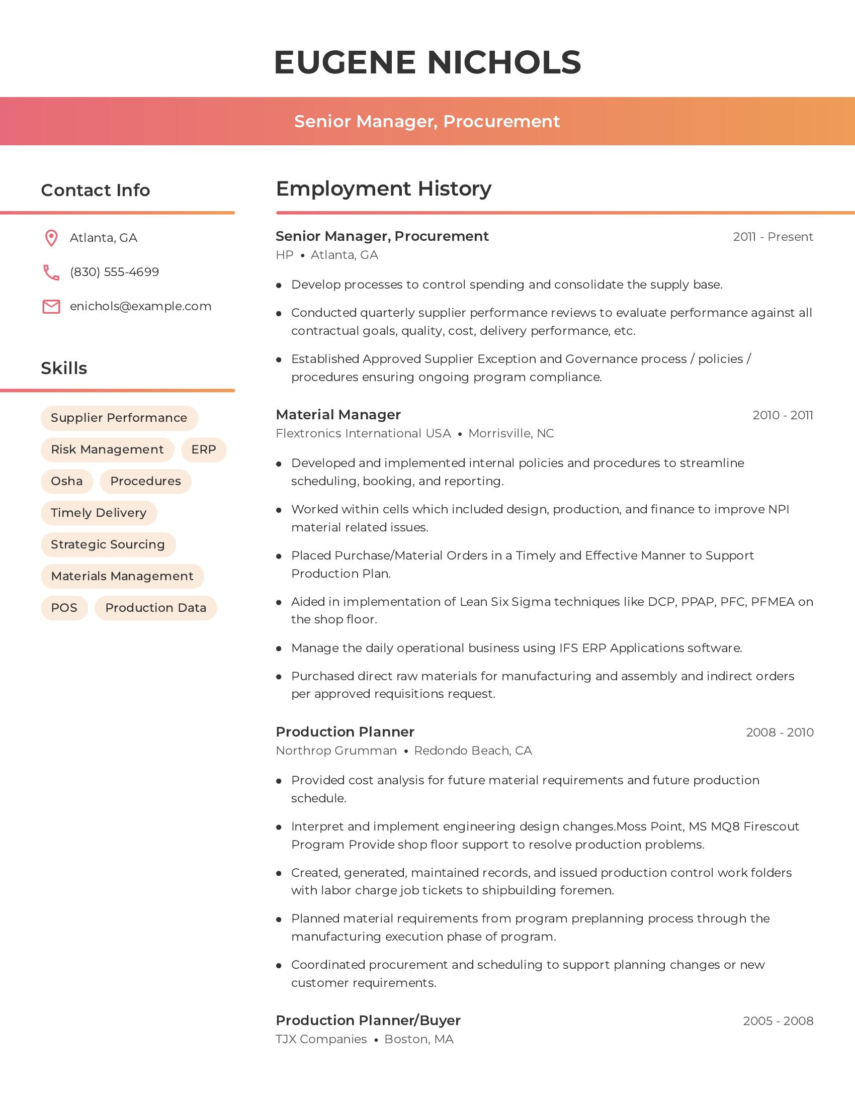 Senior Manager, Procurement resume example
