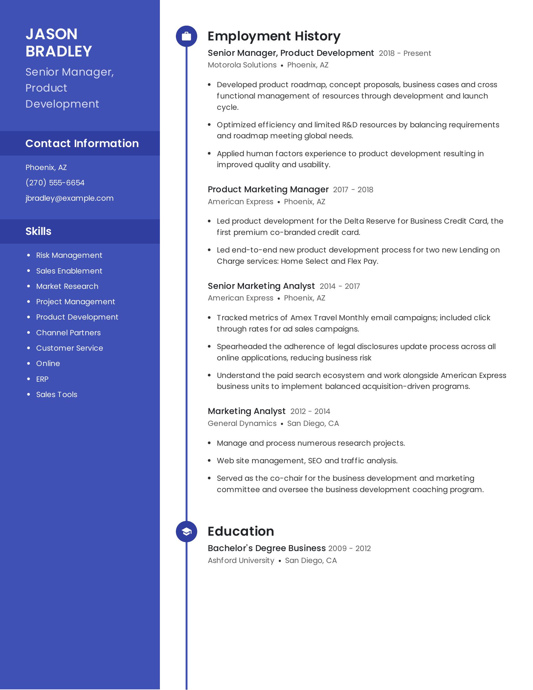 Senior Manager, Product Development resume example