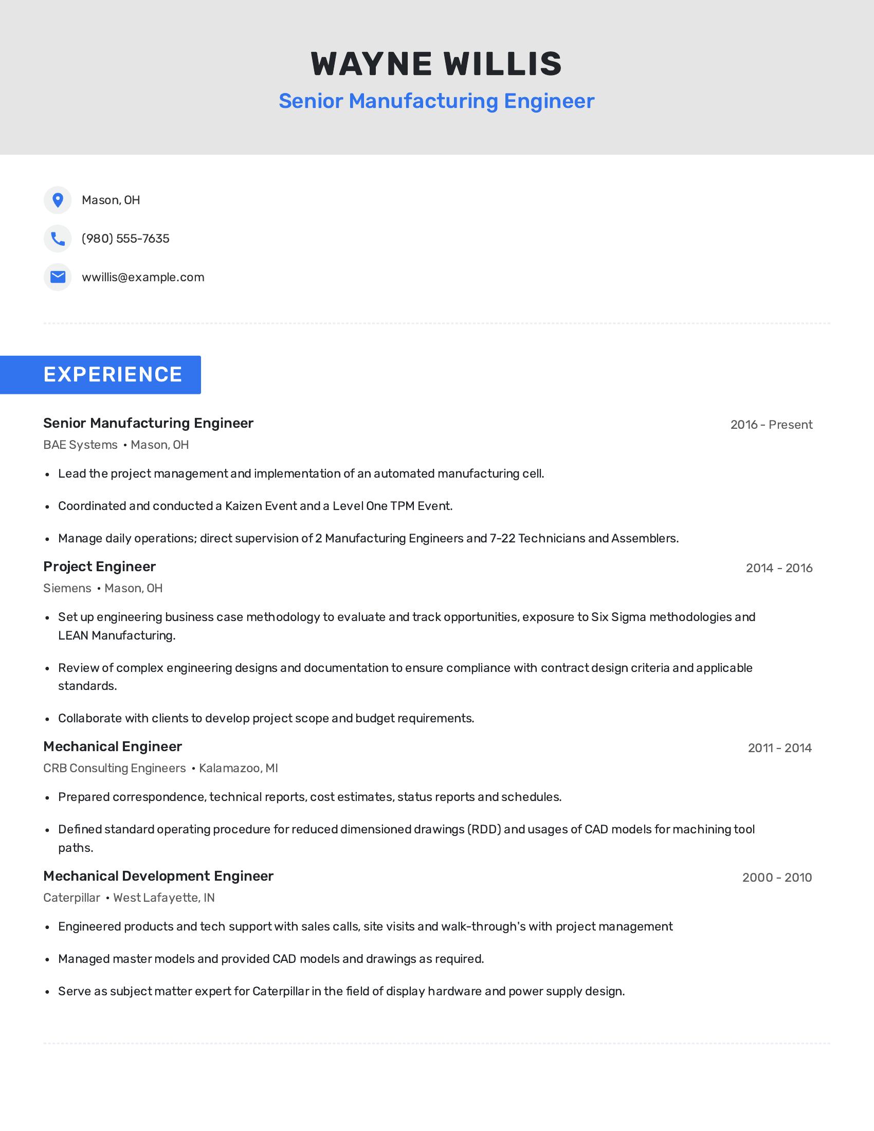 Senior Manufacturing Engineer resume example