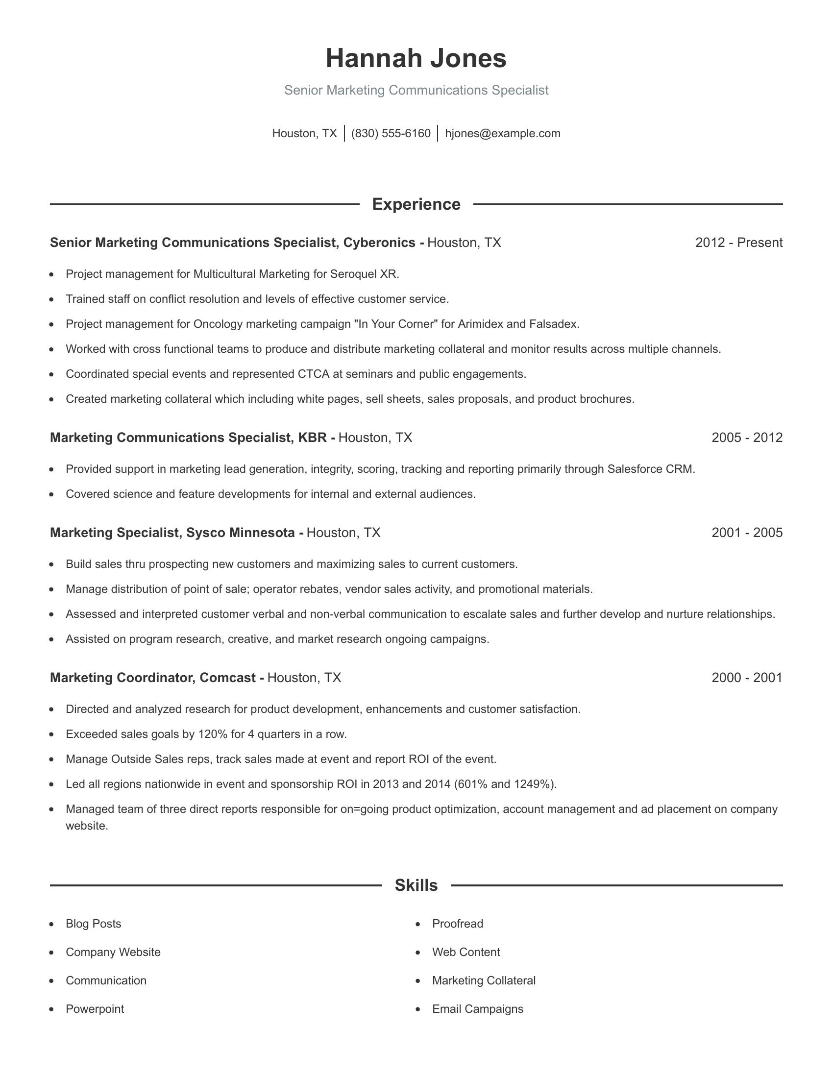 Senior Marketing Communications Specialist resume example