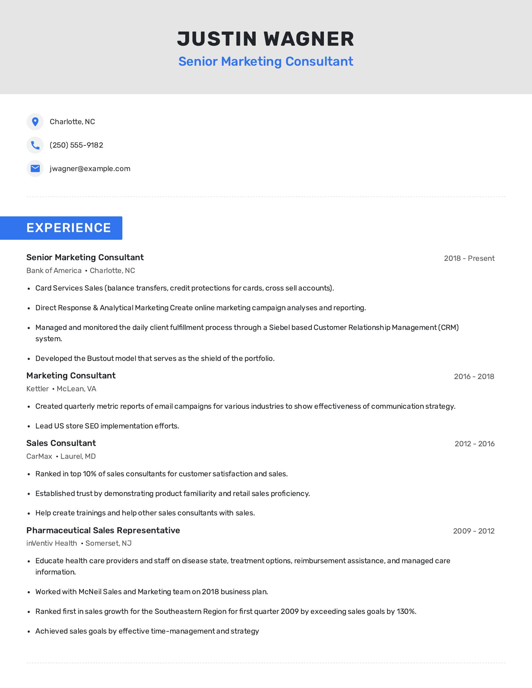 Senior Marketing Consultant resume example