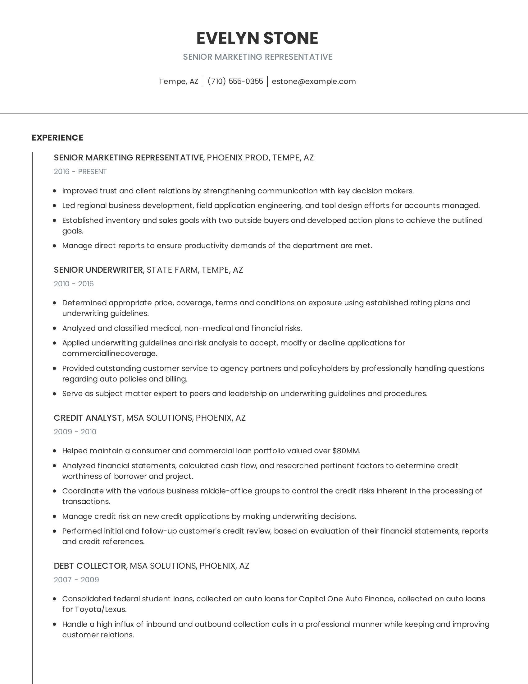 Senior Marketing Representative resume example