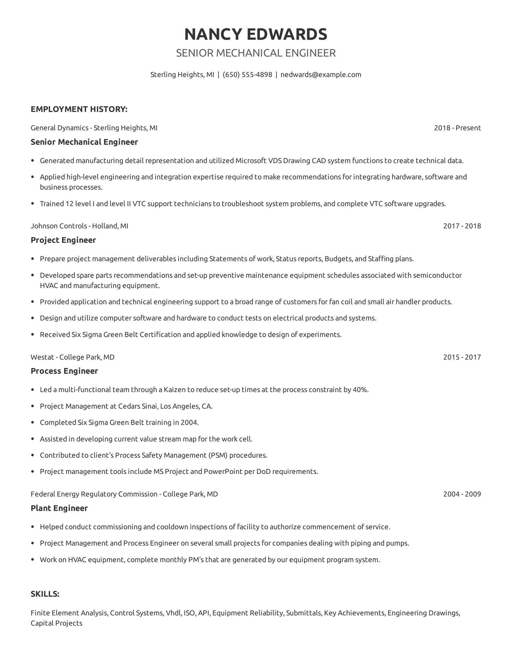 Senior Mechanical Engineer resume example