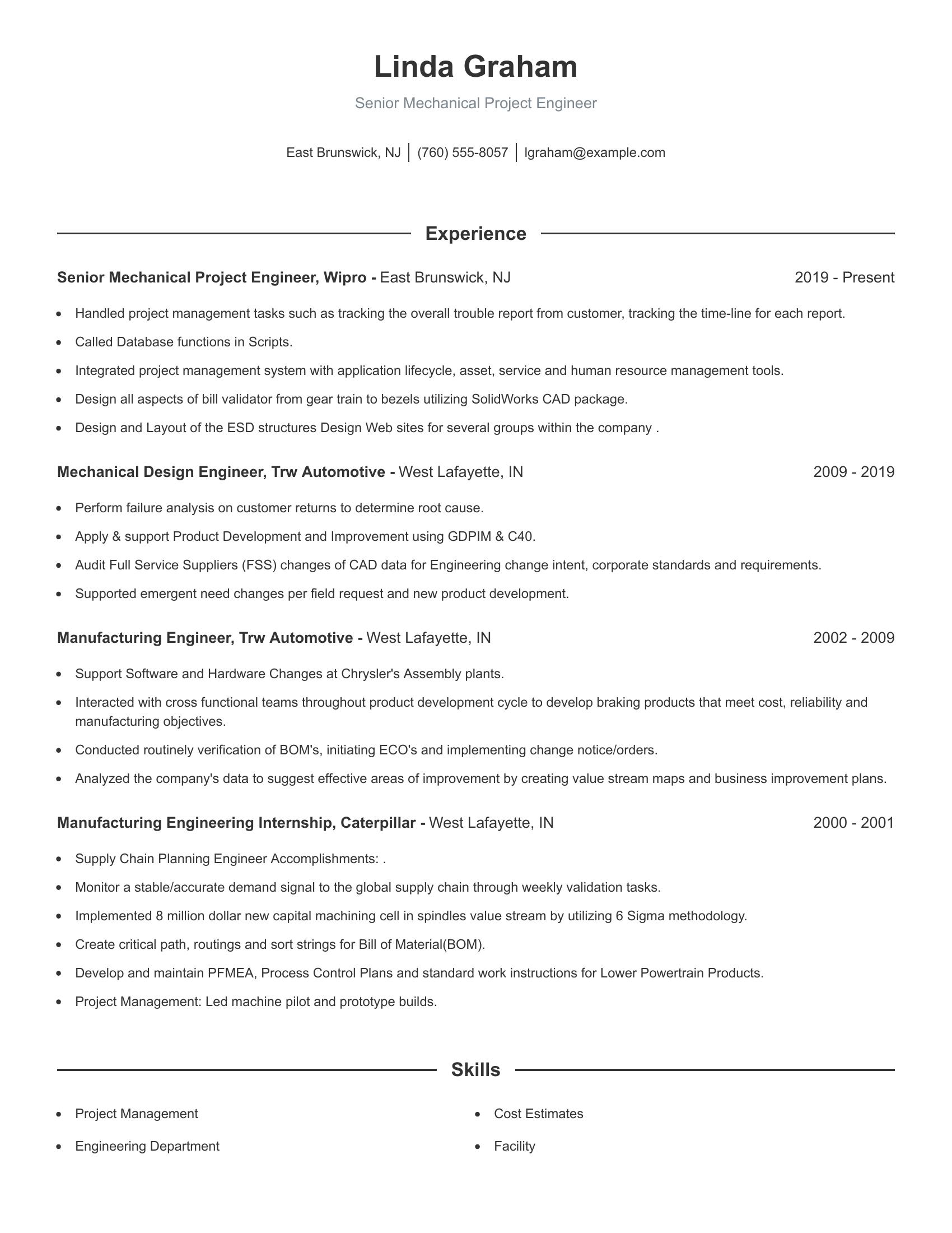 Senior Mechanical Project Engineer resume example