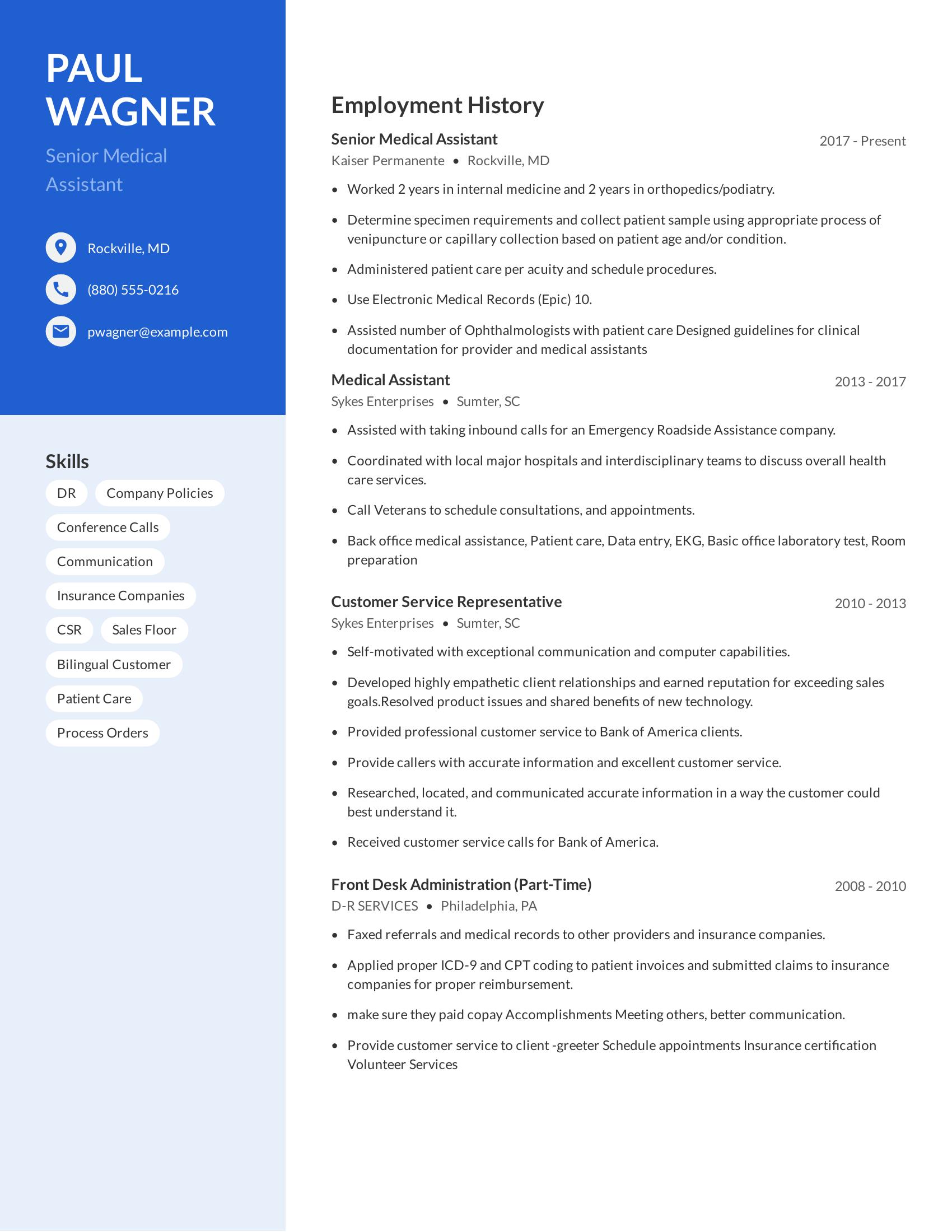 Senior Medical Assistant resume example