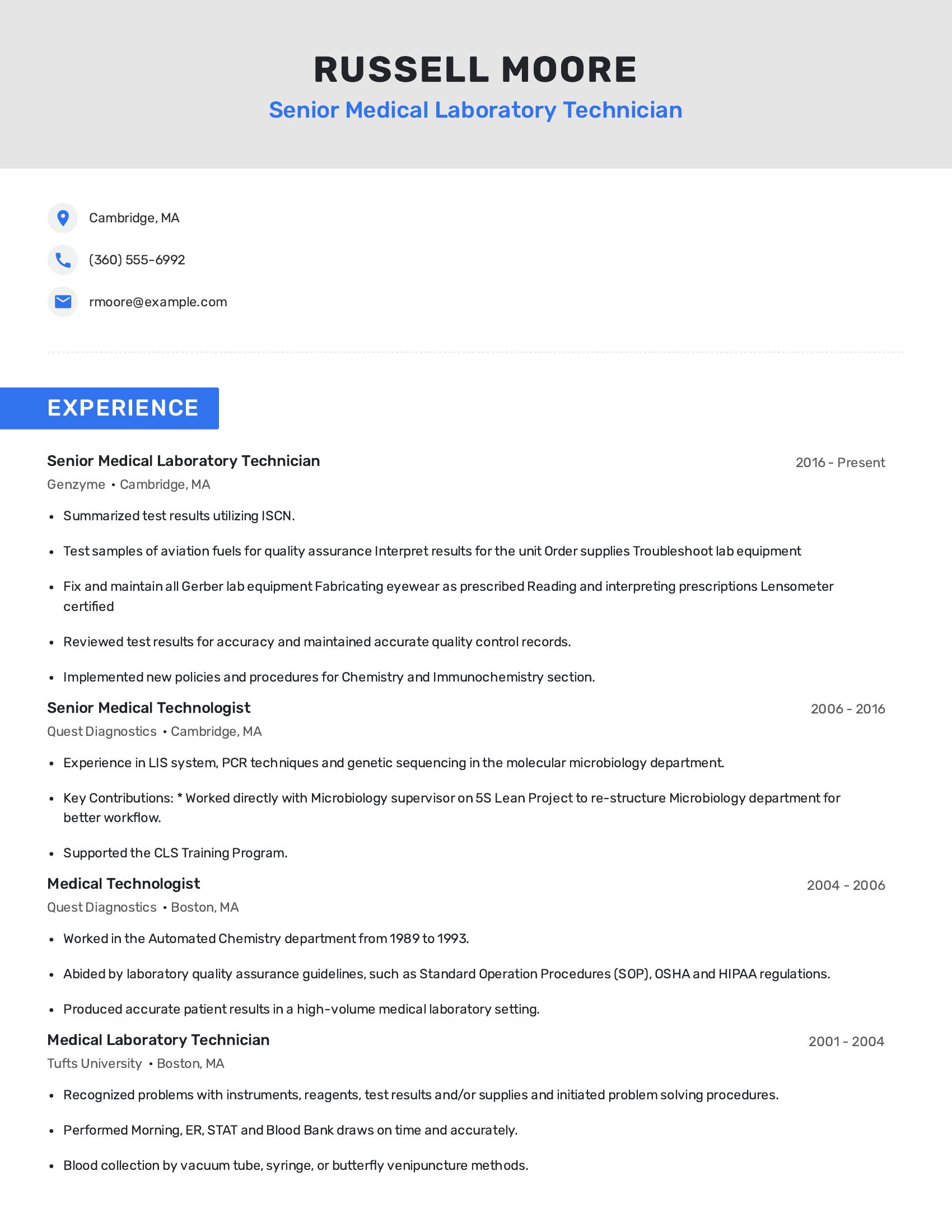 Senior Medical Laboratory Technician resume example