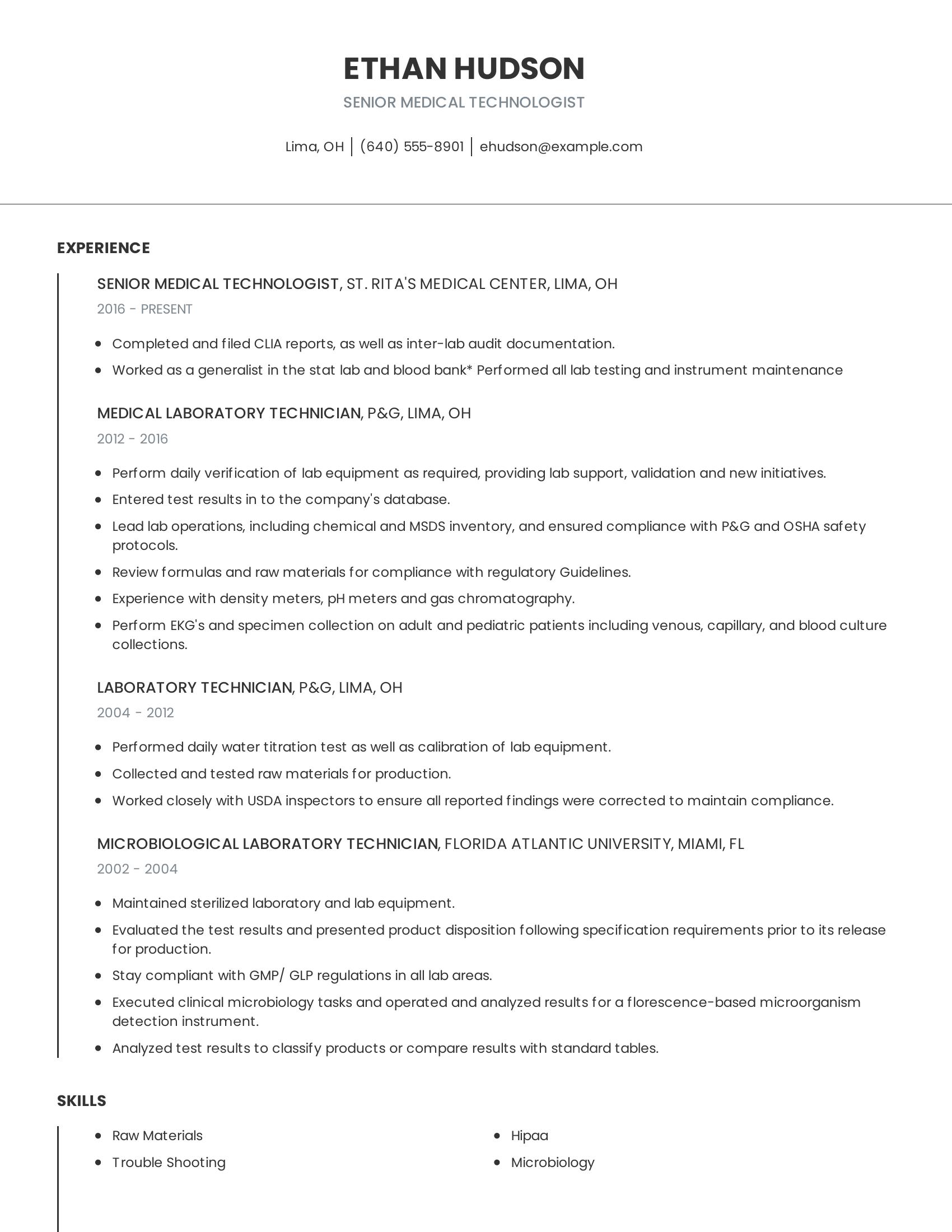 Senior Medical Technologist resume example