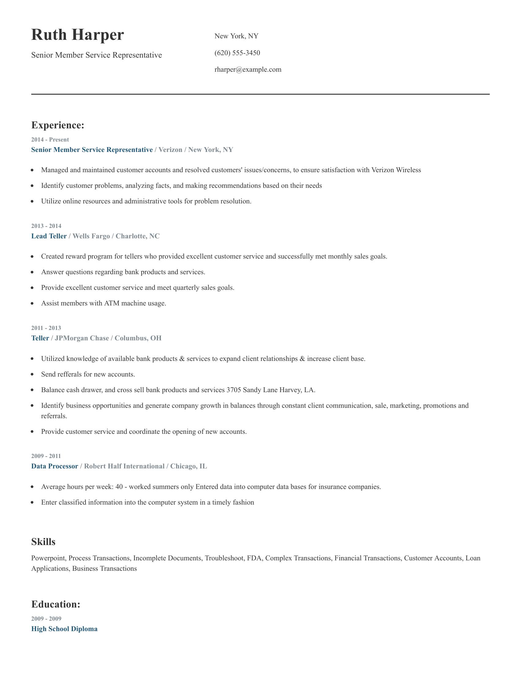 Senior Member Service Representative resume example