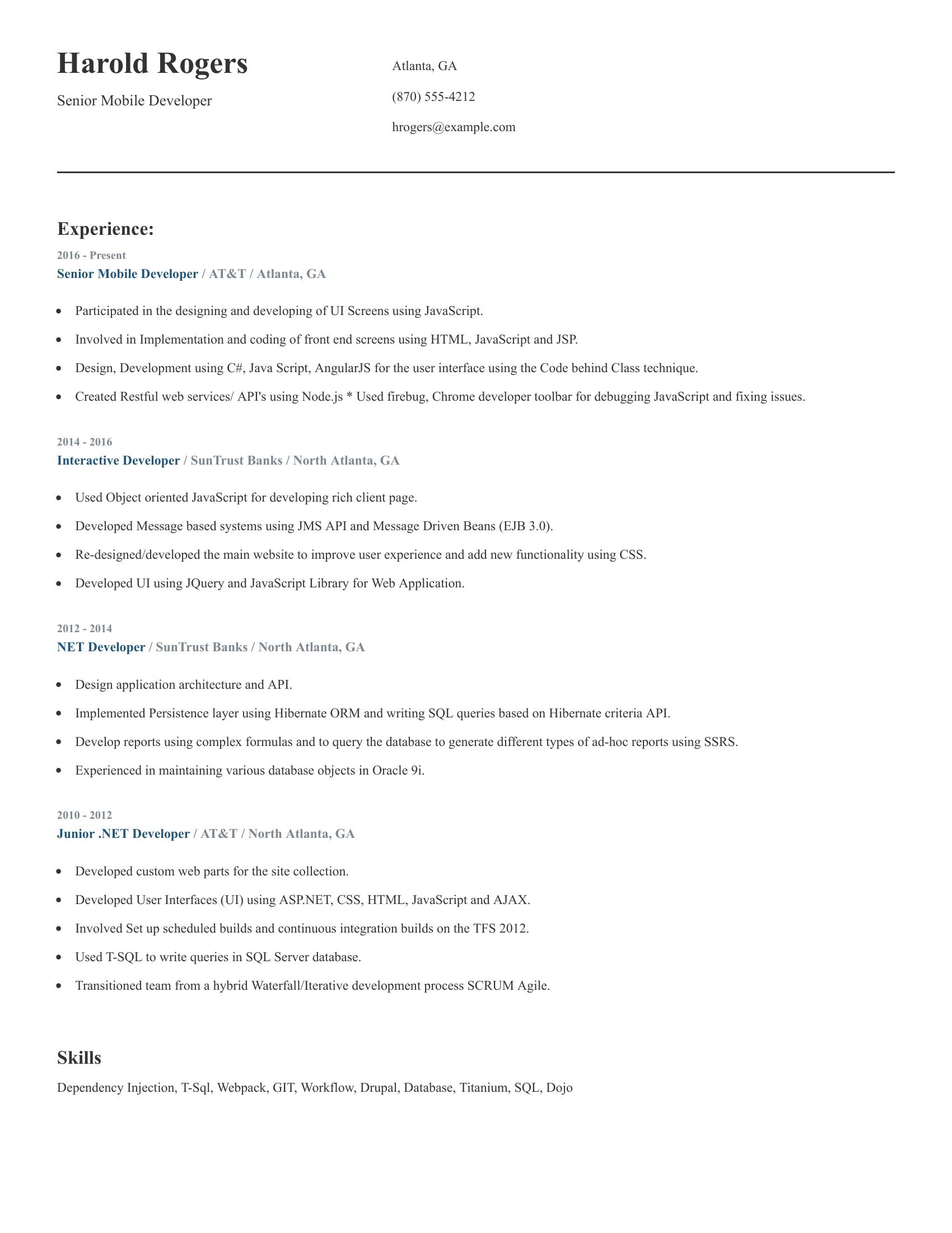 Senior Mobile Developer resume example