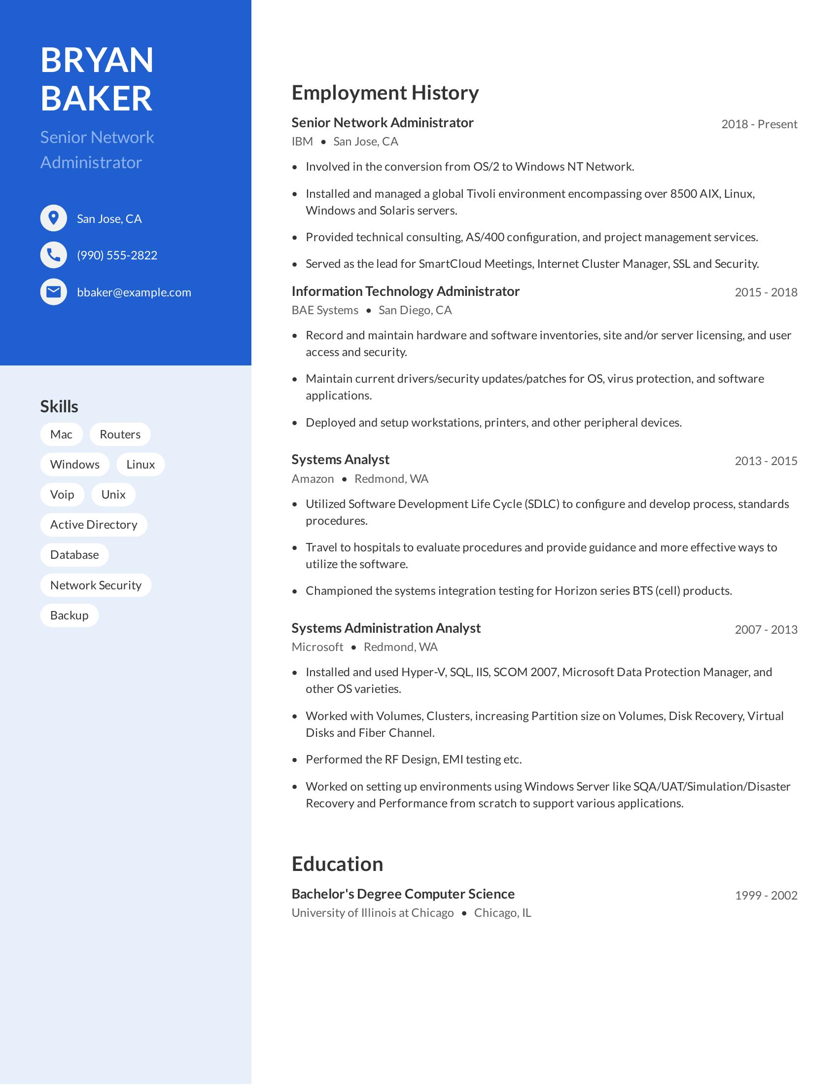 Senior Network Administrator resume example