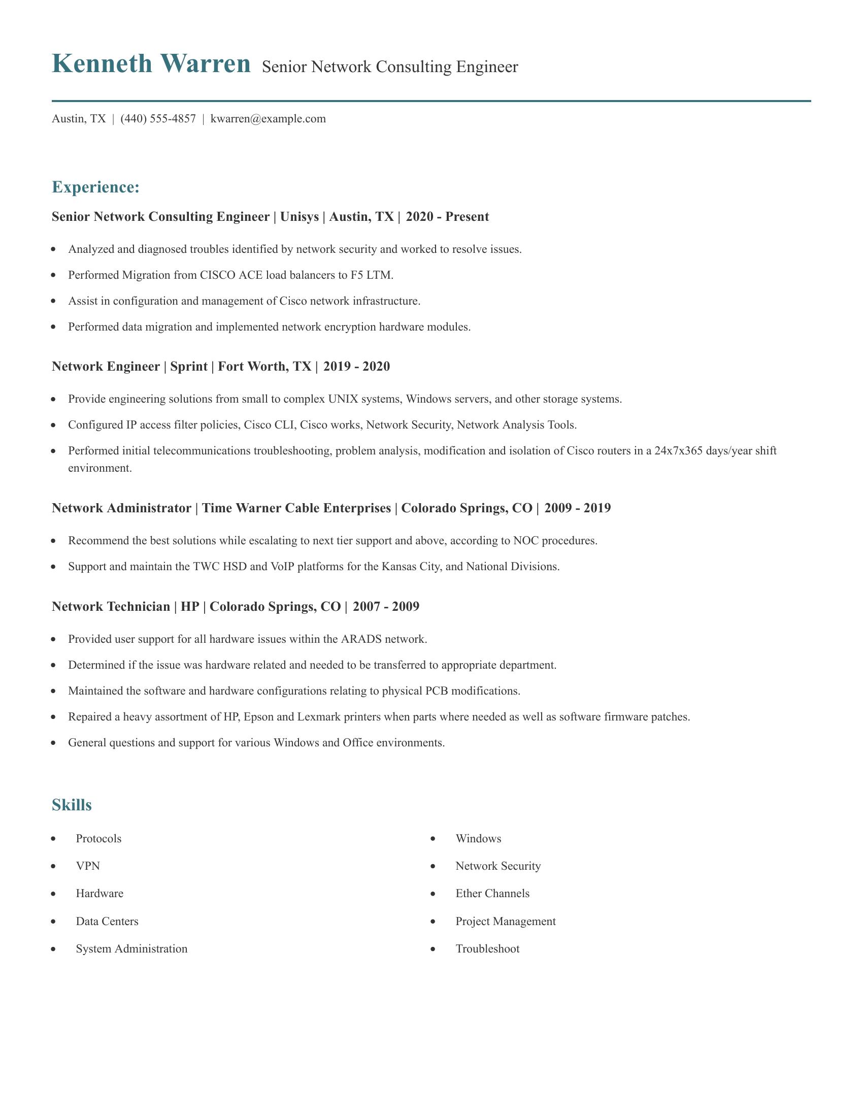 Senior Network Consulting Engineer resume example