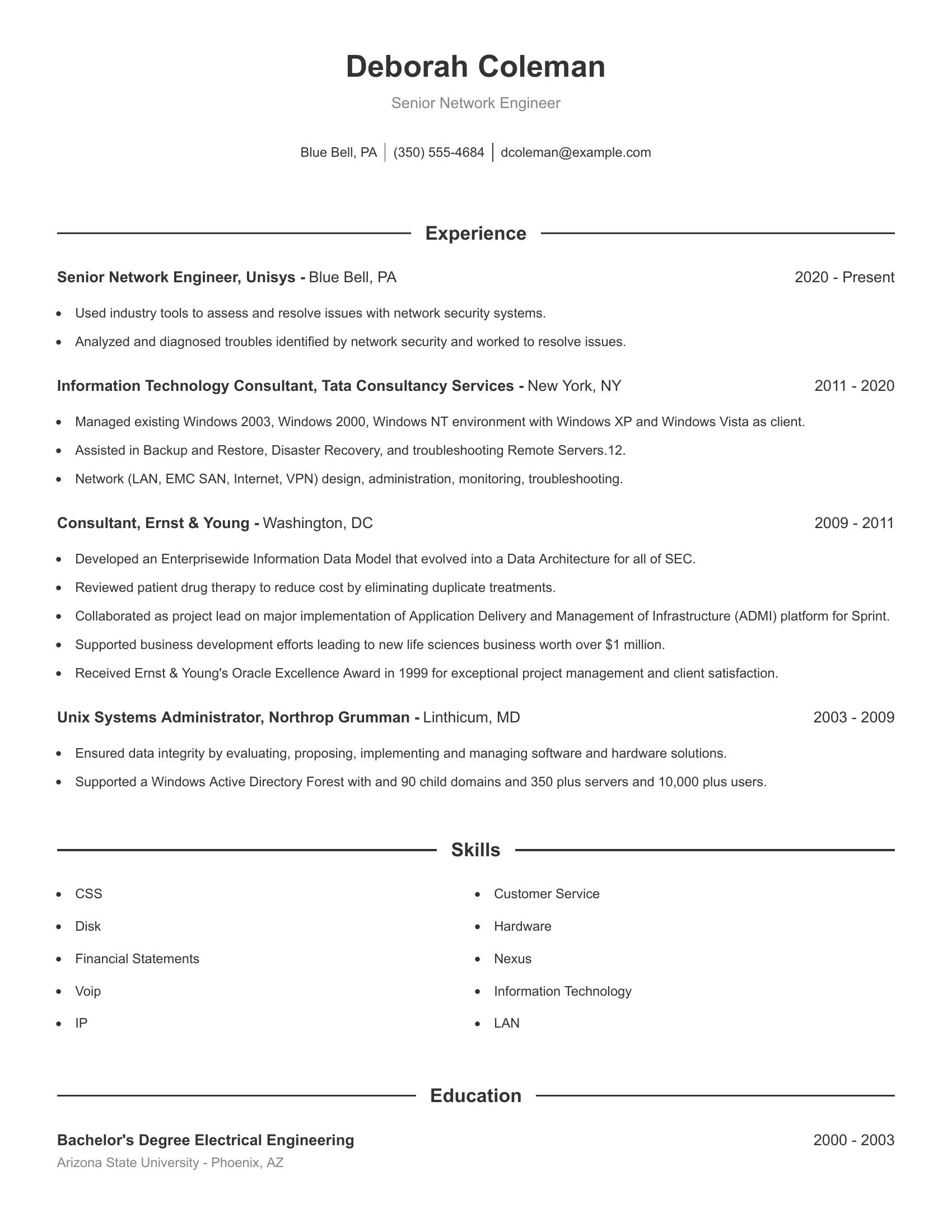 Senior Network Engineer resume example