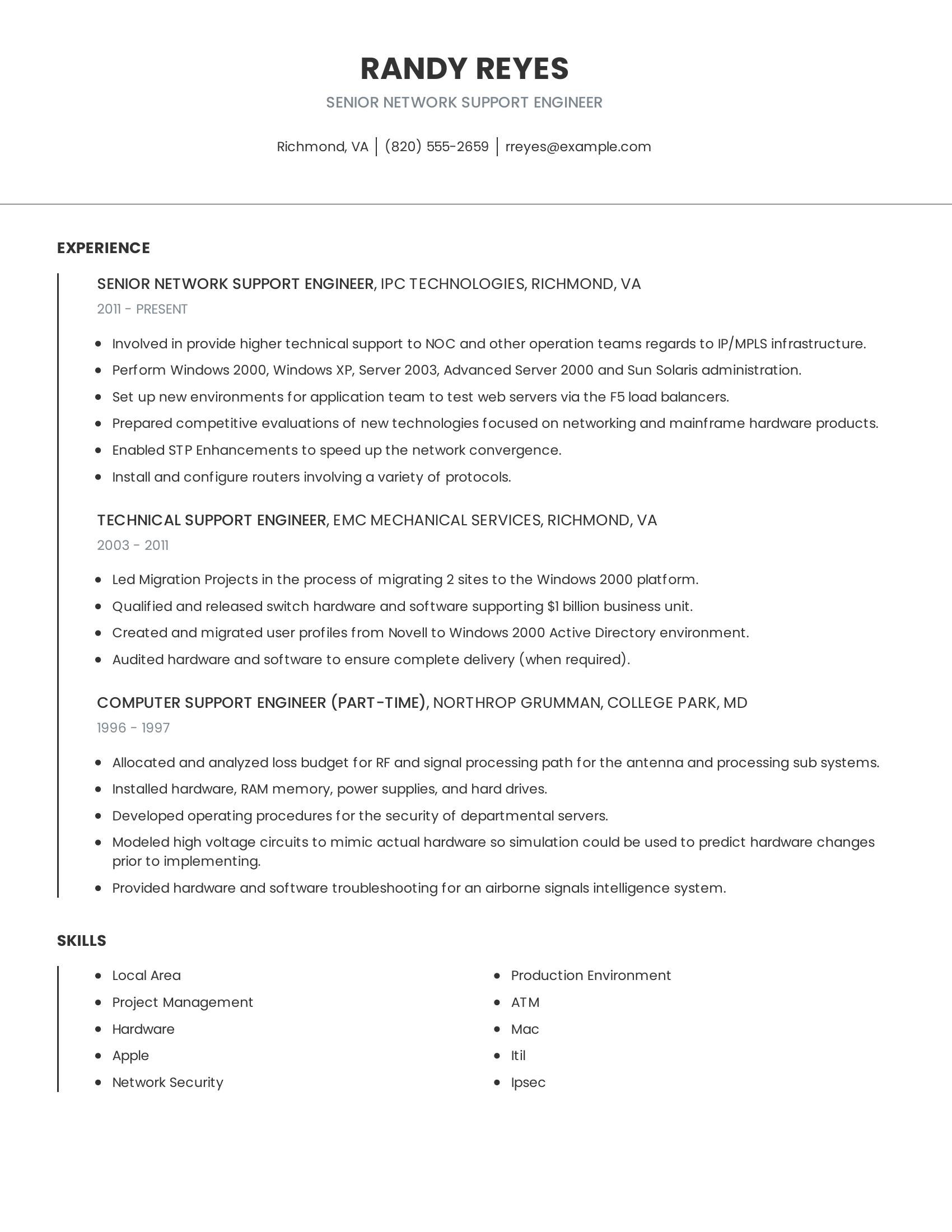 Senior Network Support Engineer resume example