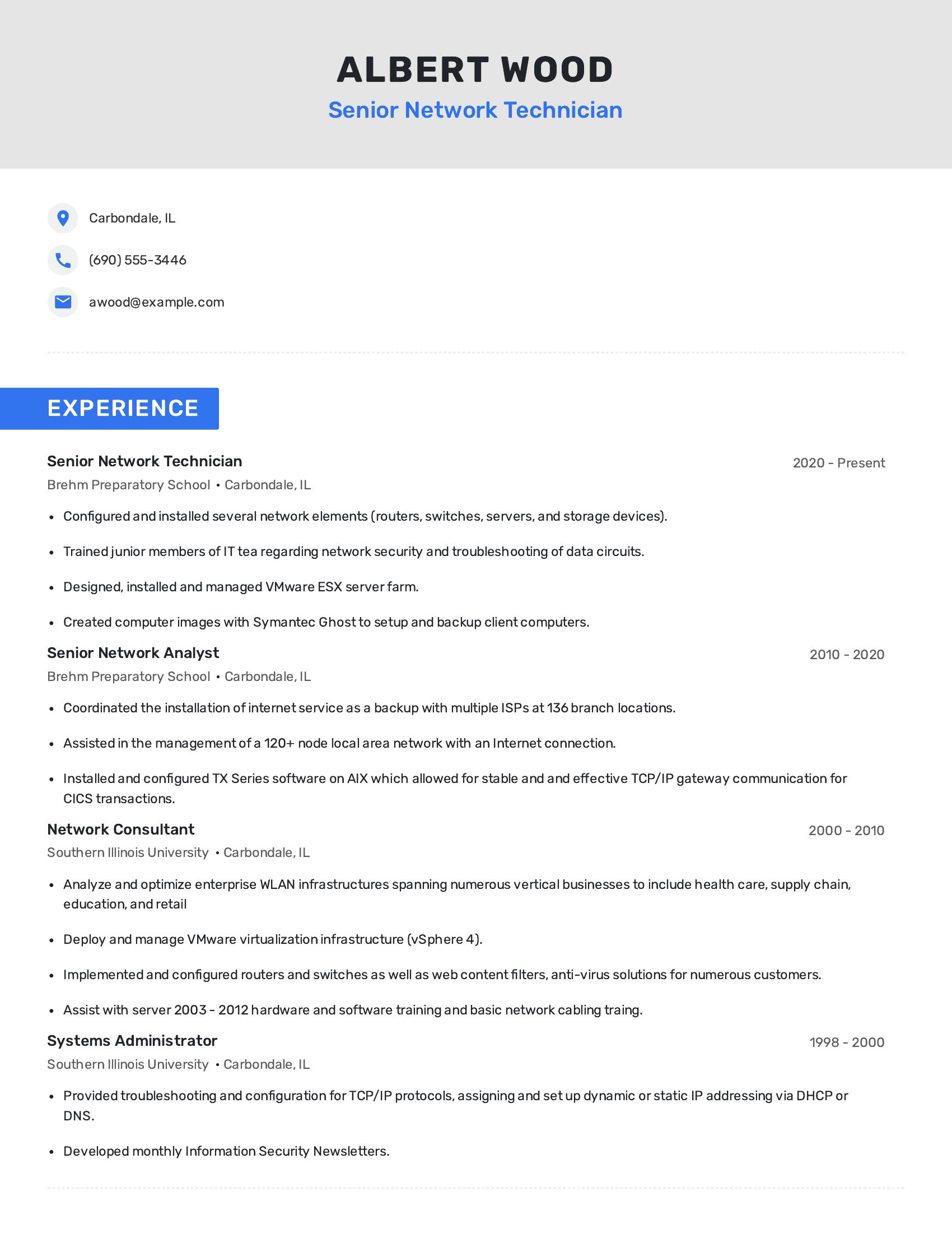 Senior Network Technician resume example