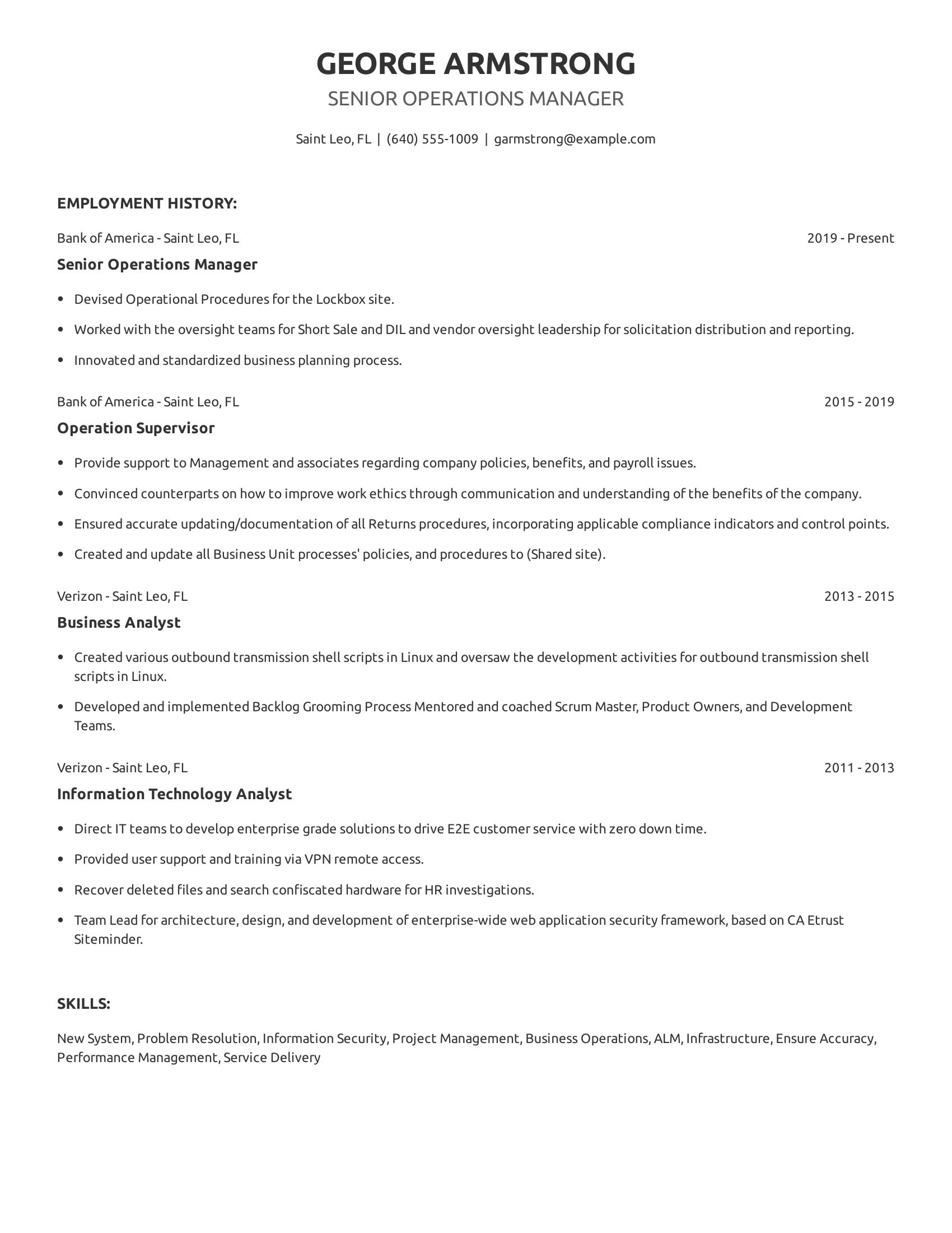 Senior Operations Manager resume example