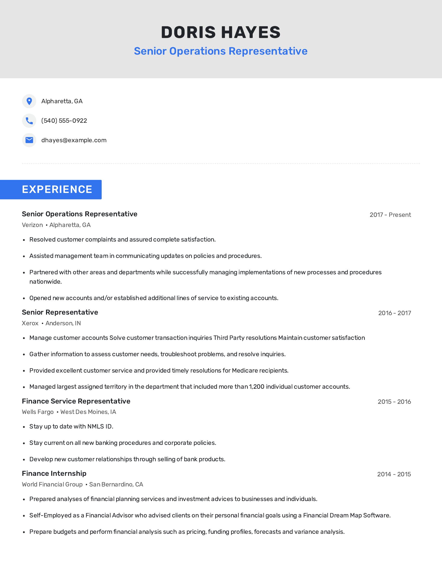 Senior Operations Representative resume example