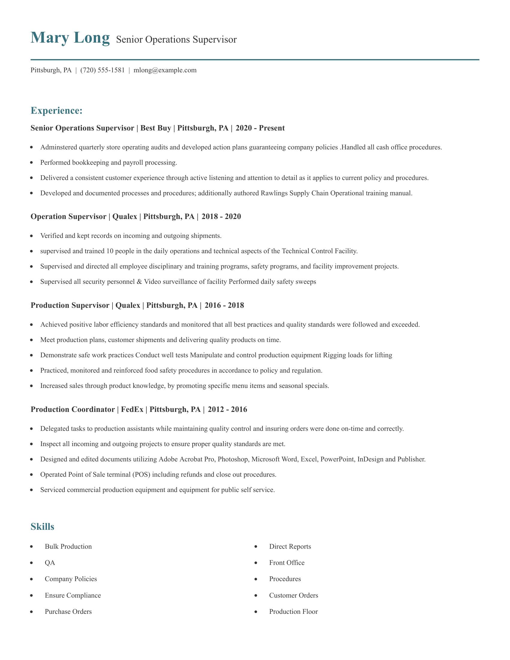 Senior Operations Supervisor resume example