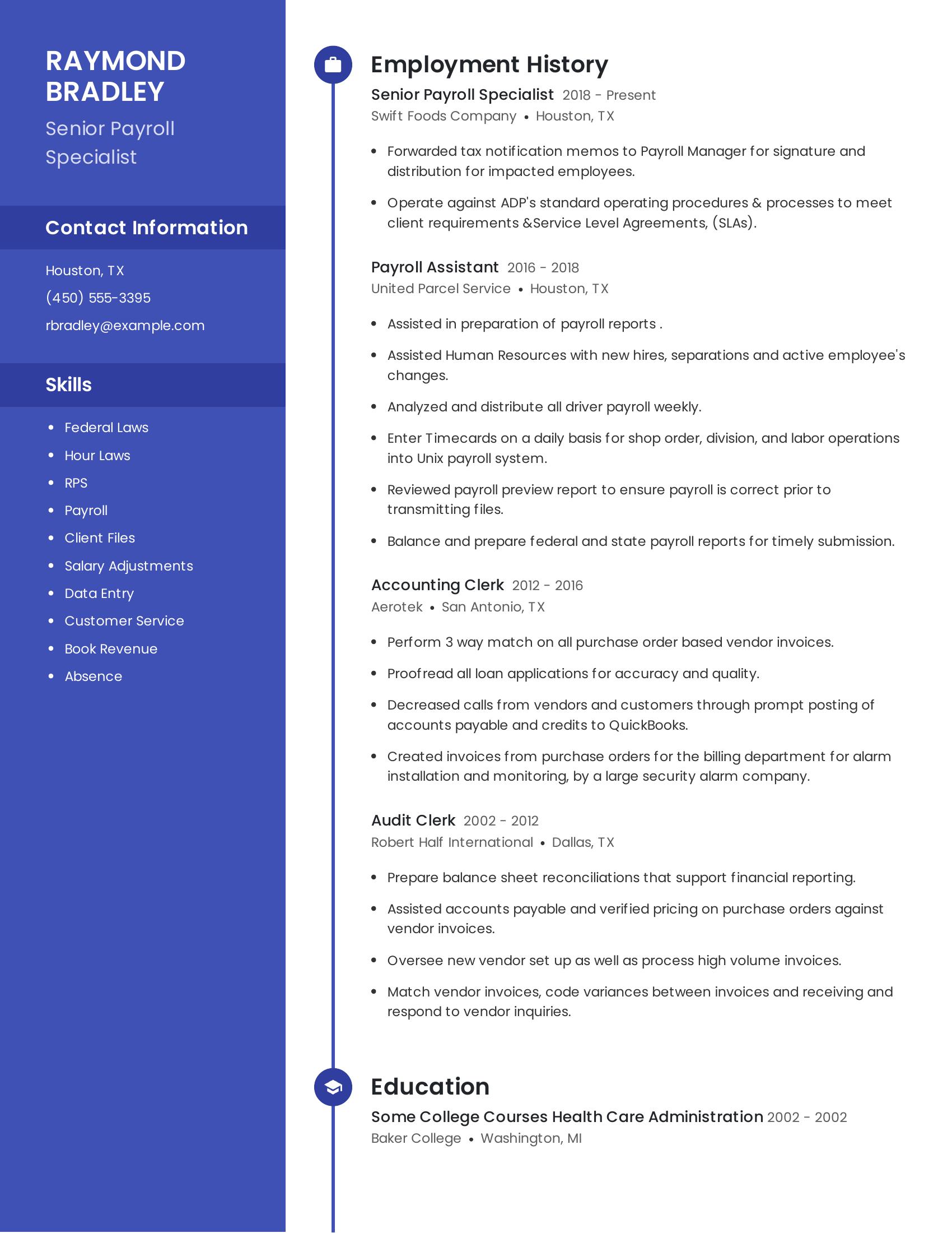 Senior Payroll Specialist resume example