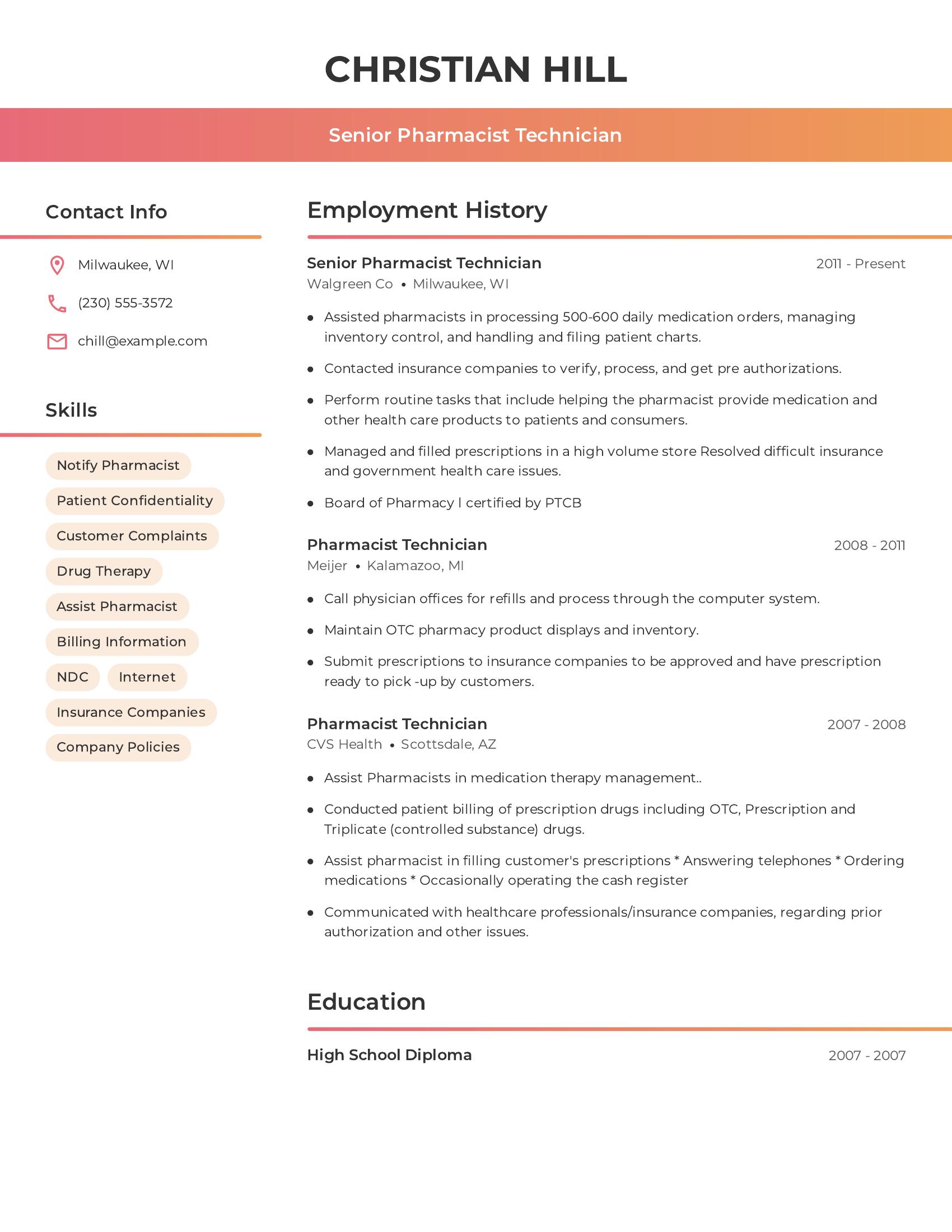 Senior Pharmacist Technician resume example