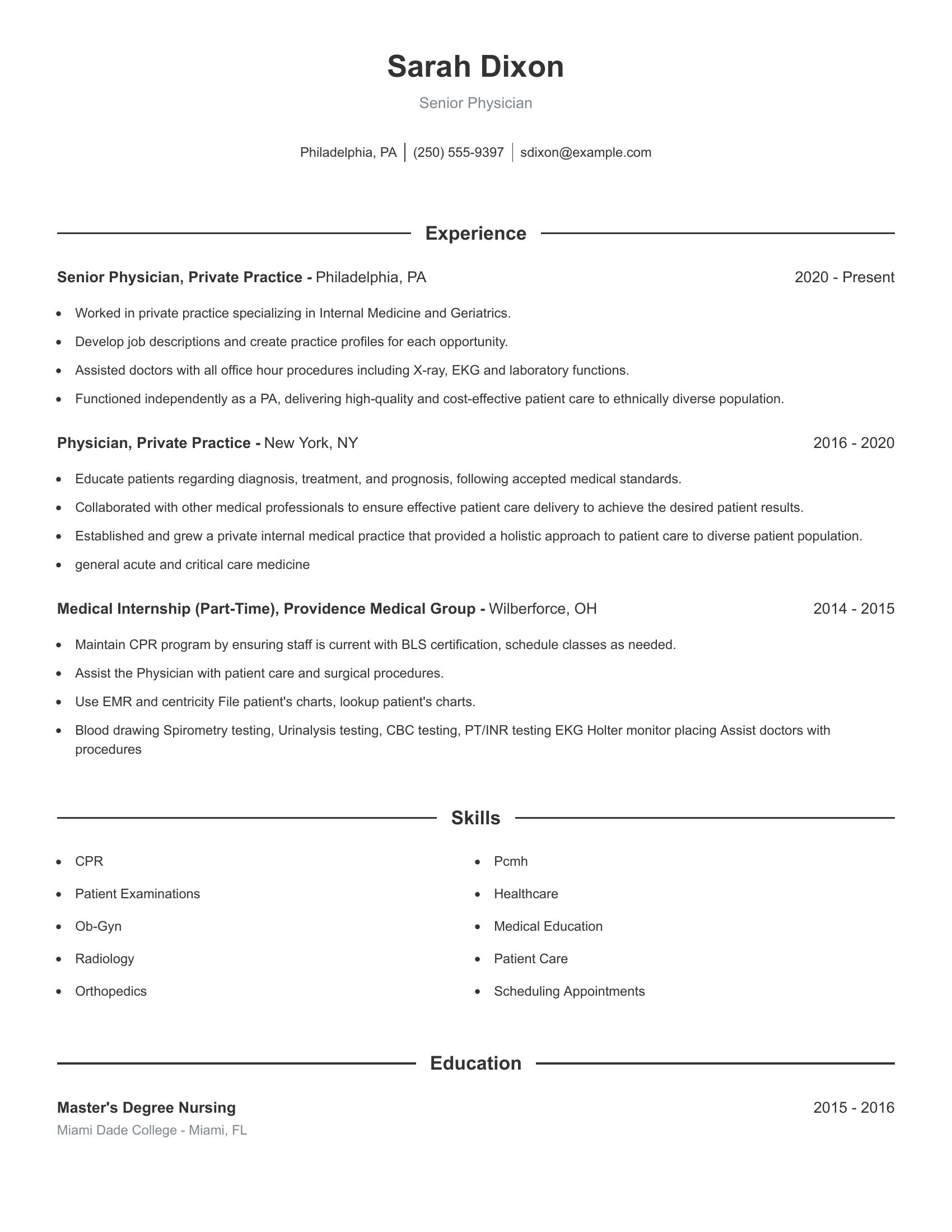 Senior Physician resume example