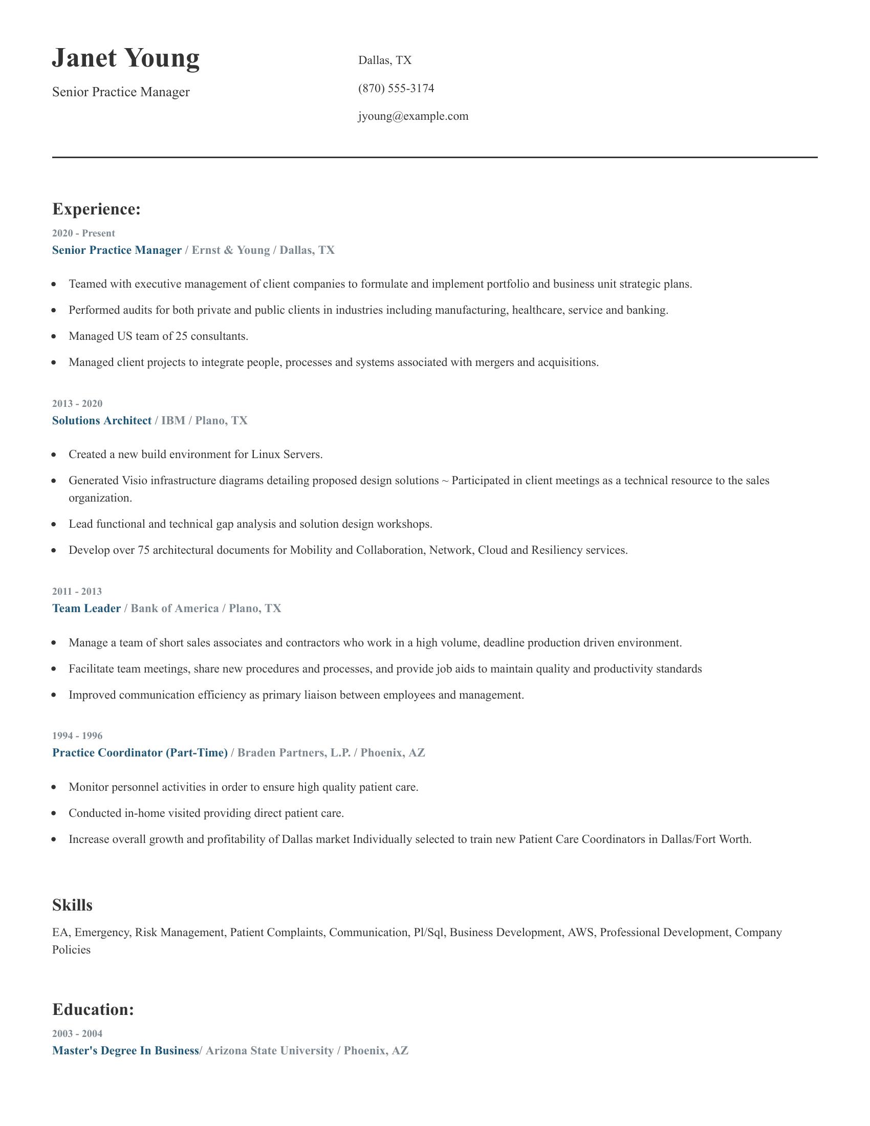 Senior Practice Manager resume example