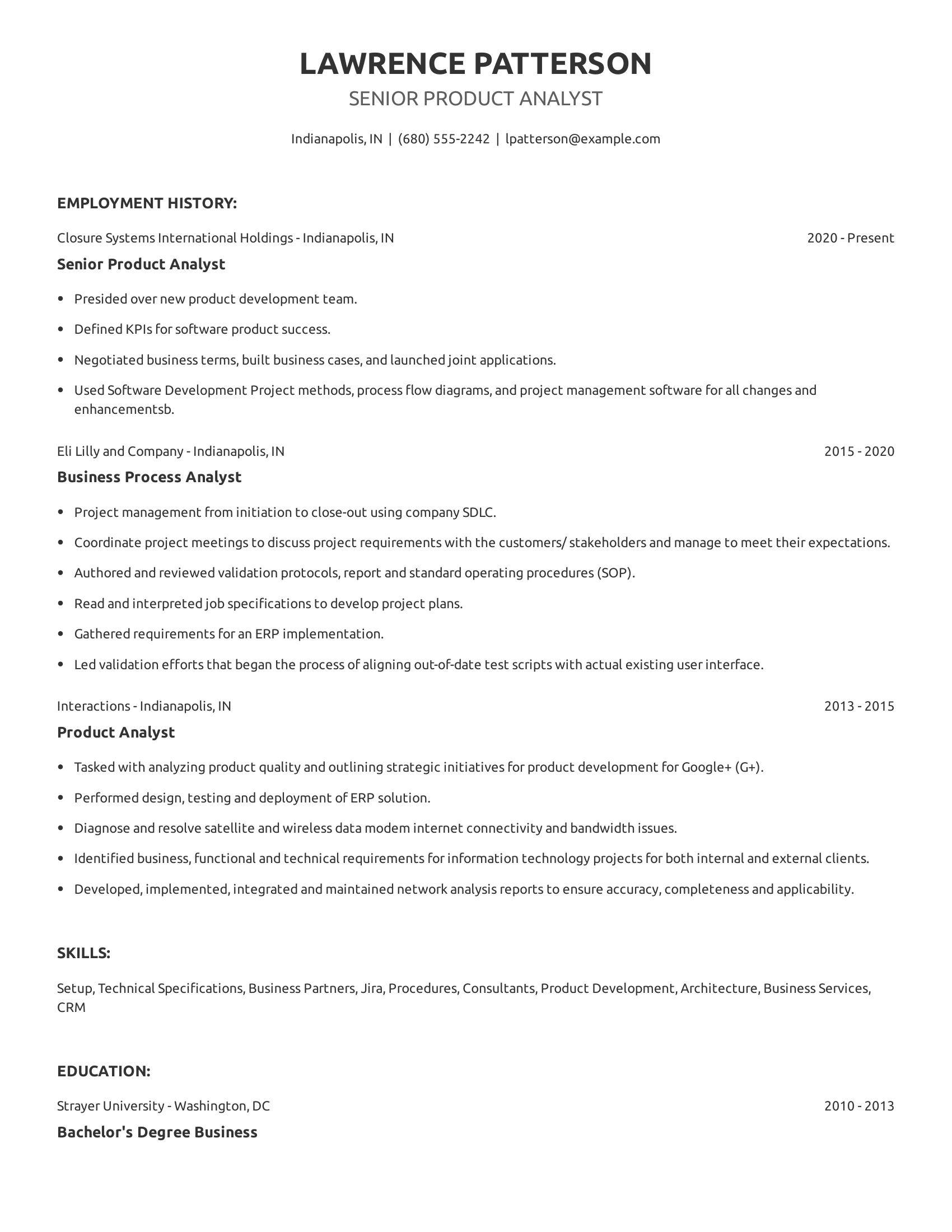 Senior Product Analyst resume example