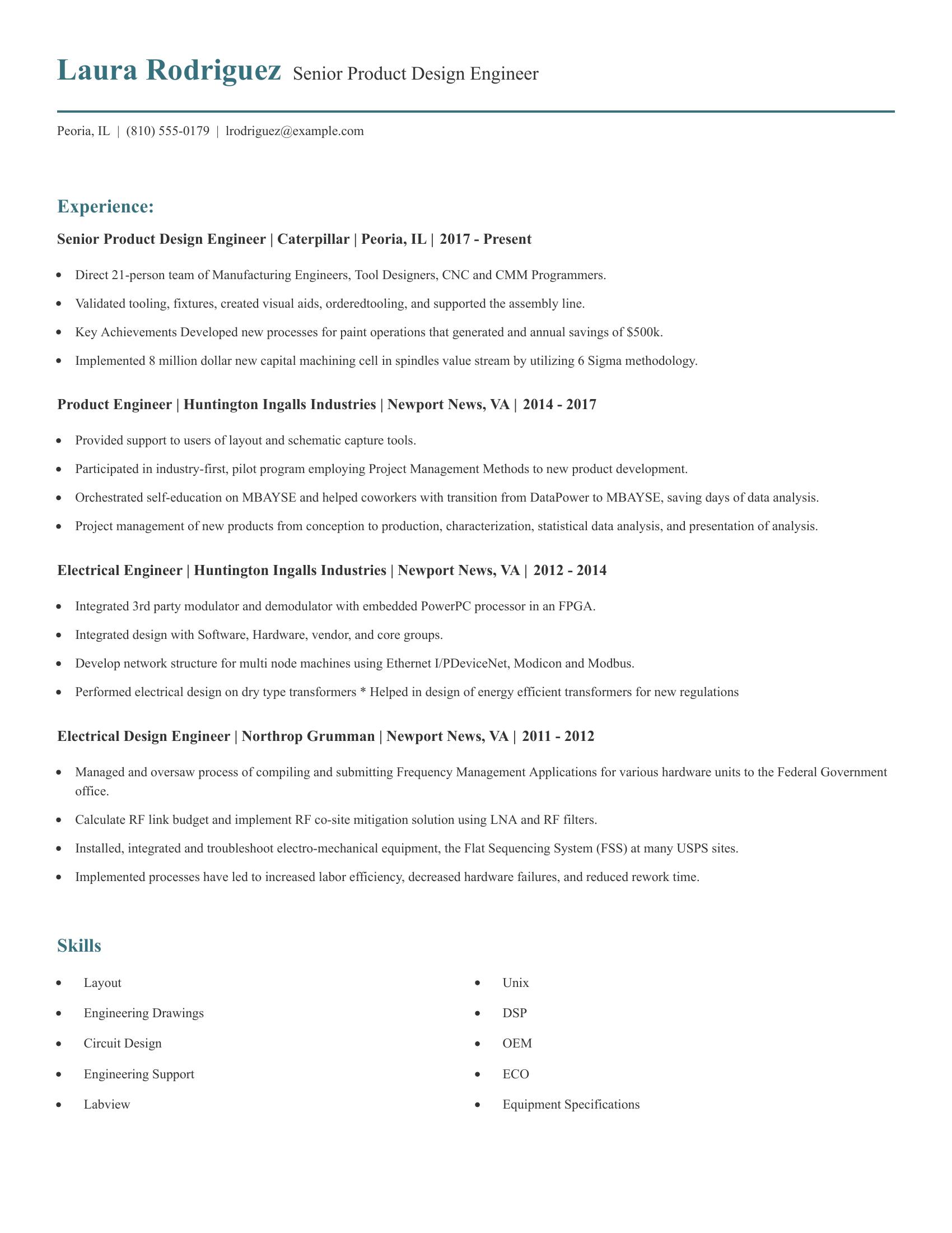 Senior Product Design Engineer resume example