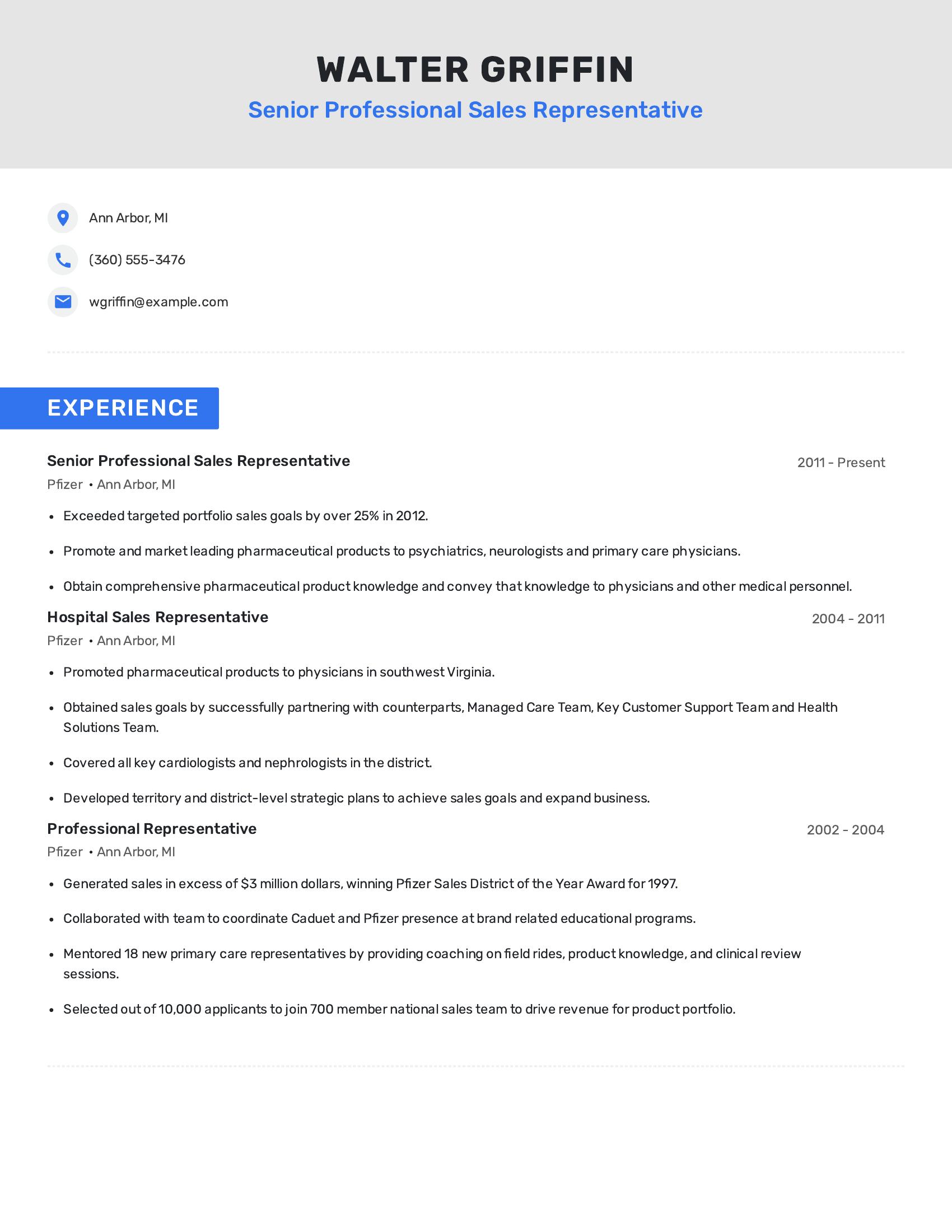Senior Professional Sales Representative resume example