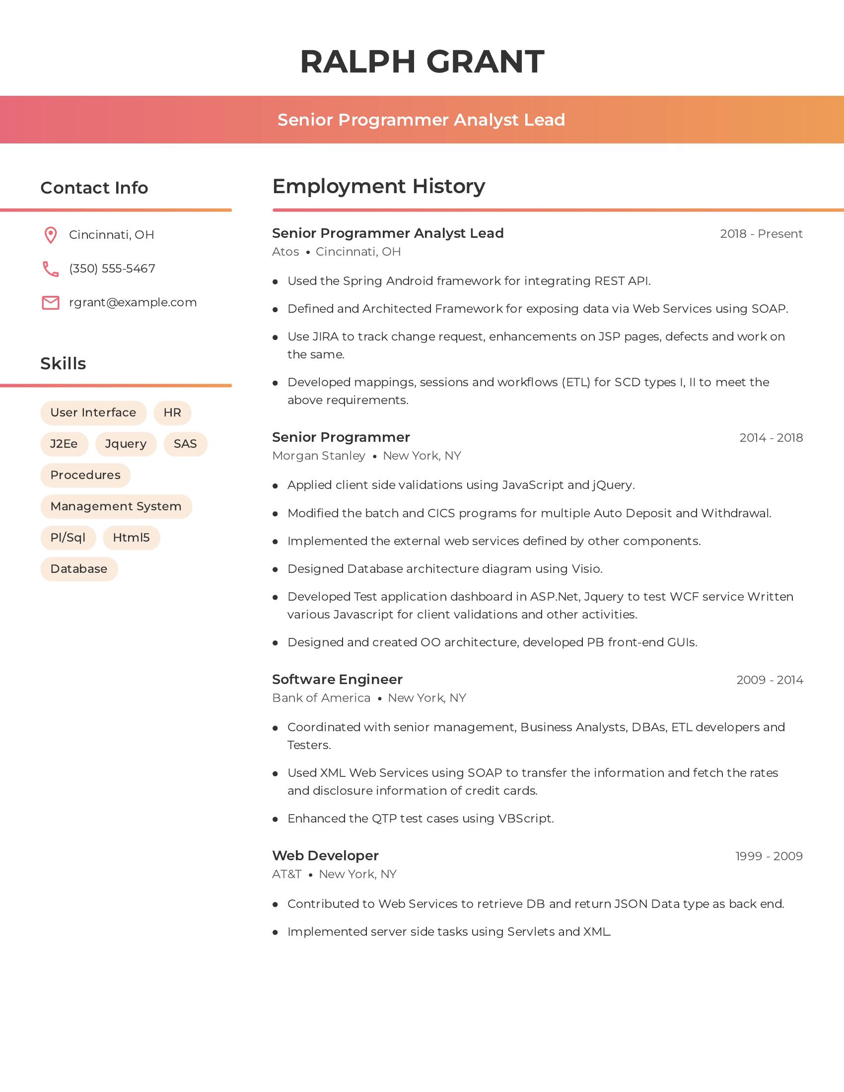 Senior Programmer Analyst Lead resume example