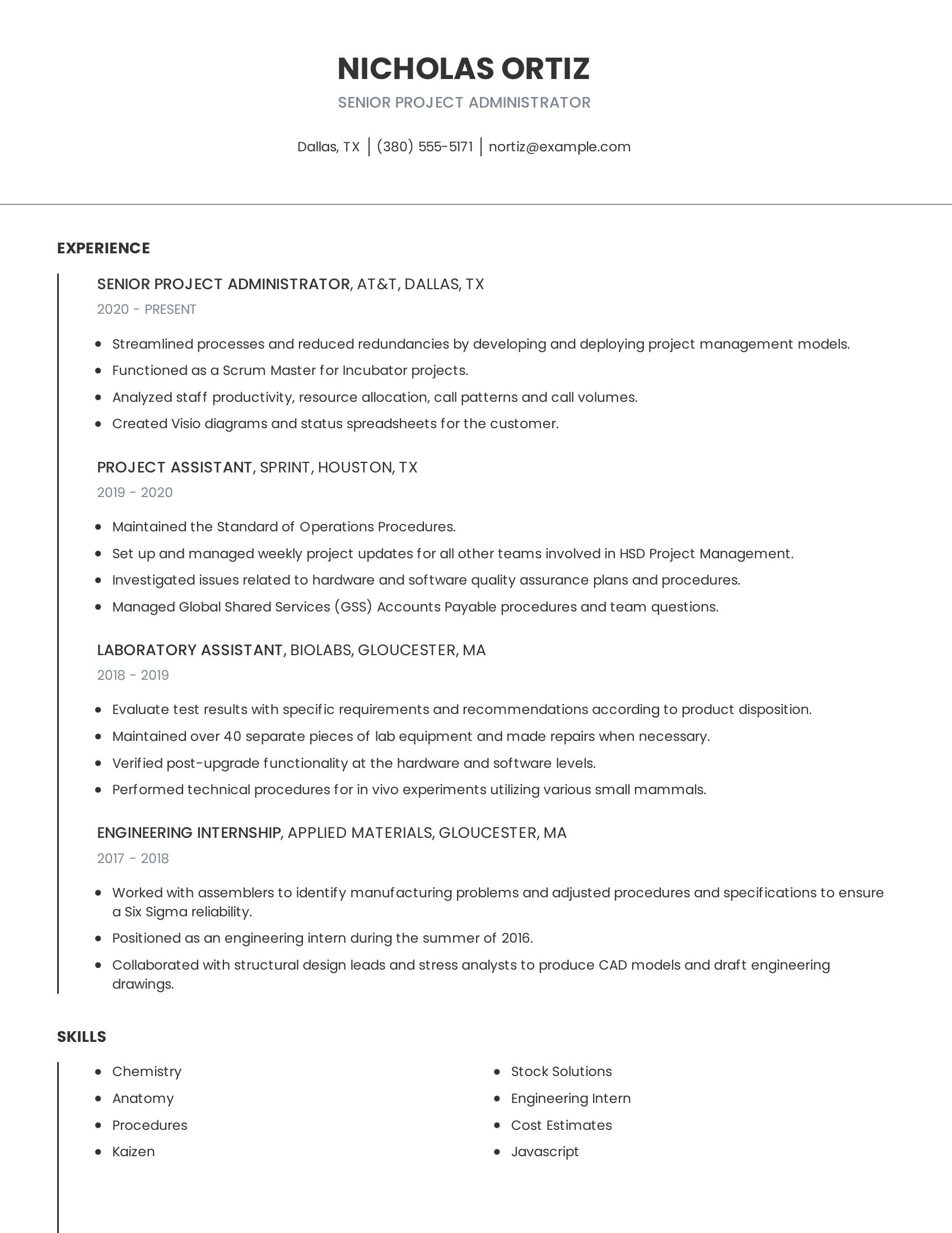 Senior Project Administrator resume example