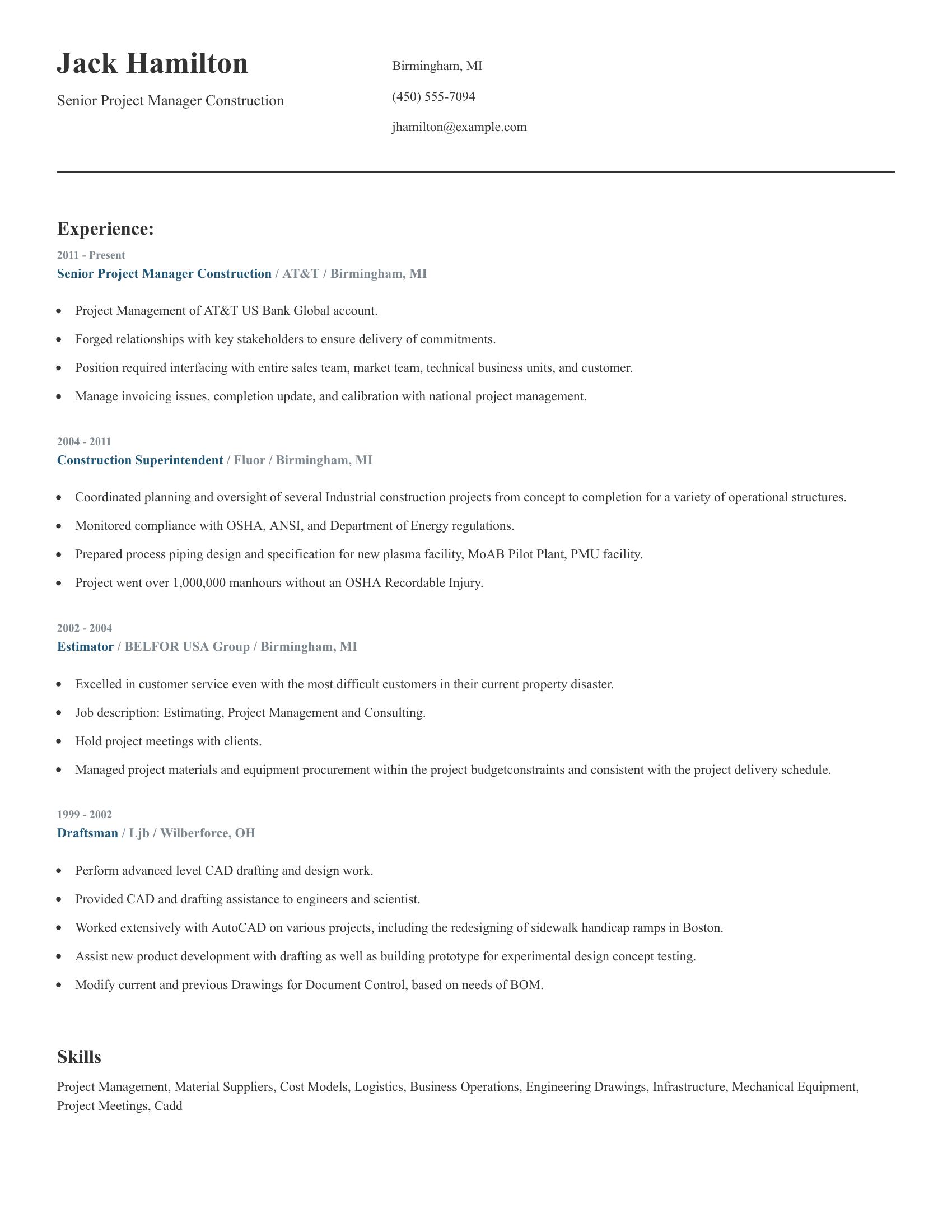 Senior Project Manager Construction resume example