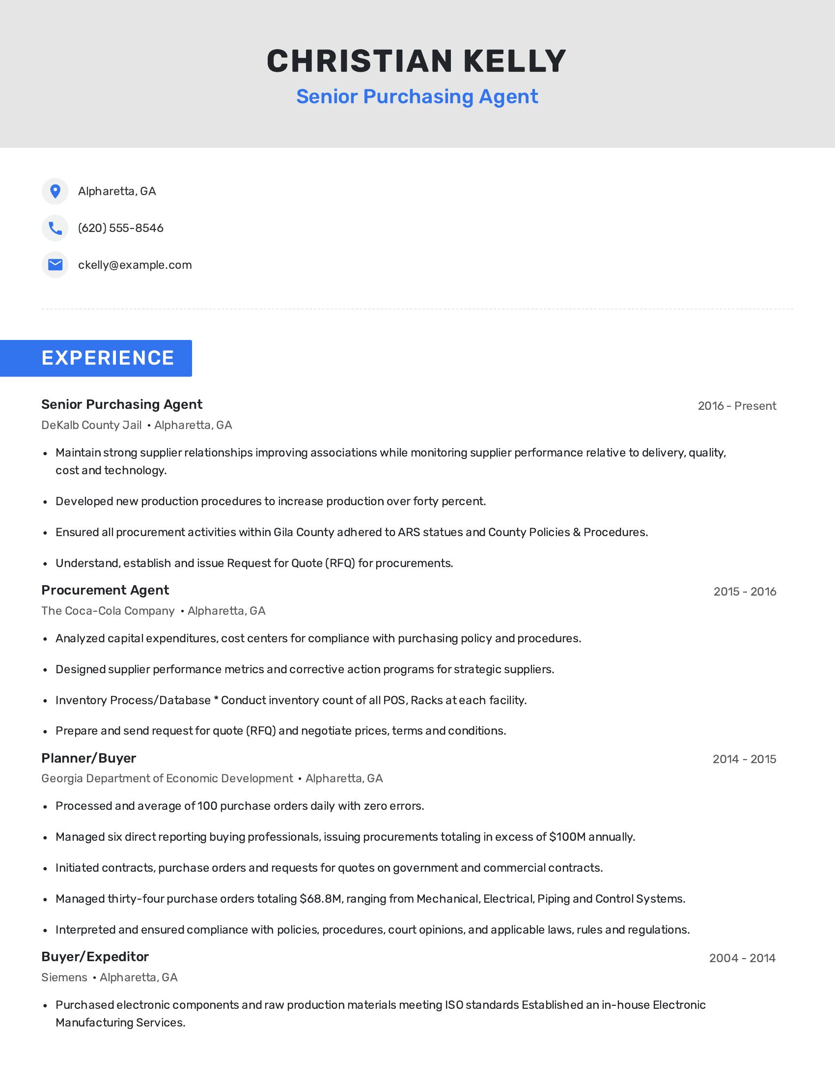 Senior Purchasing Agent resume example