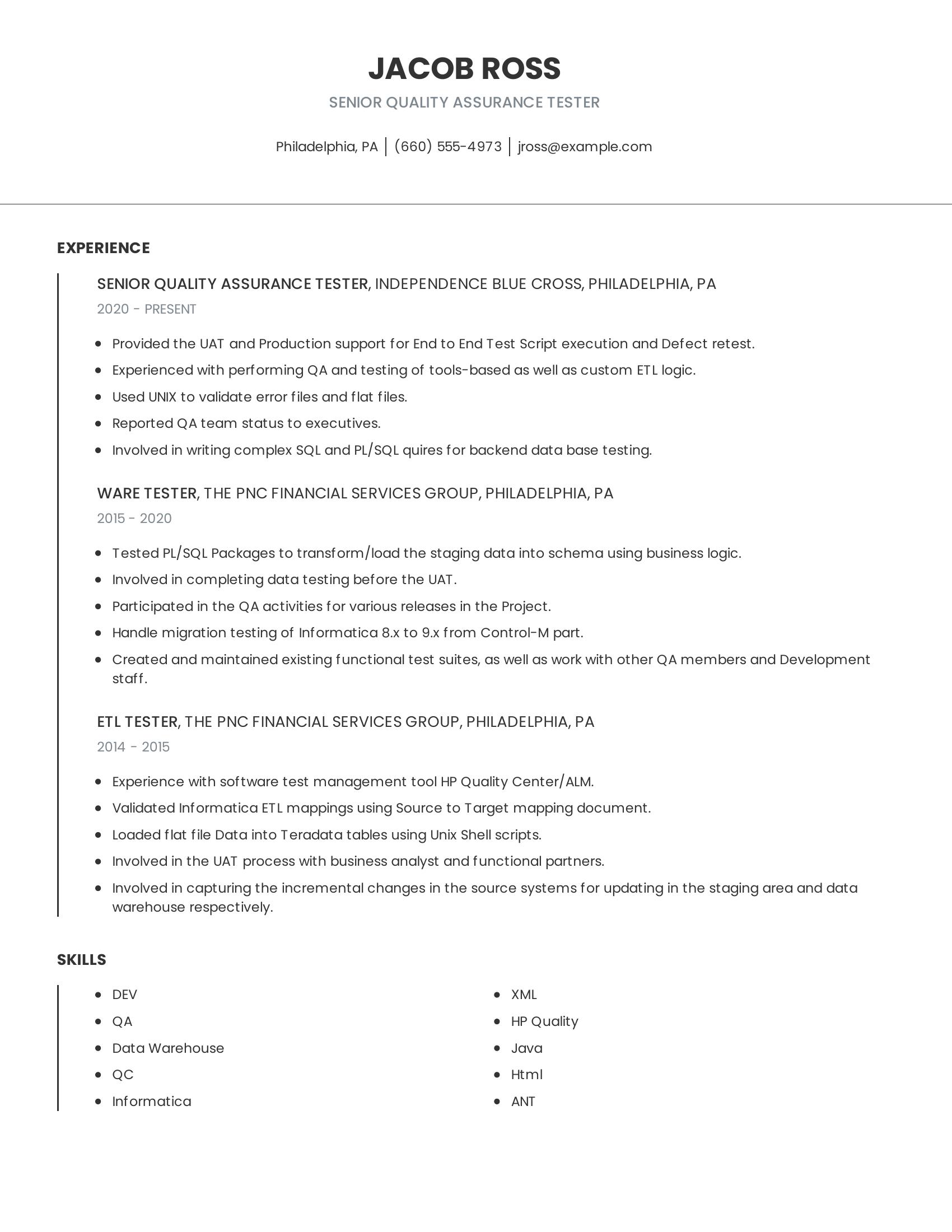 Senior Quality Assurance Tester resume example