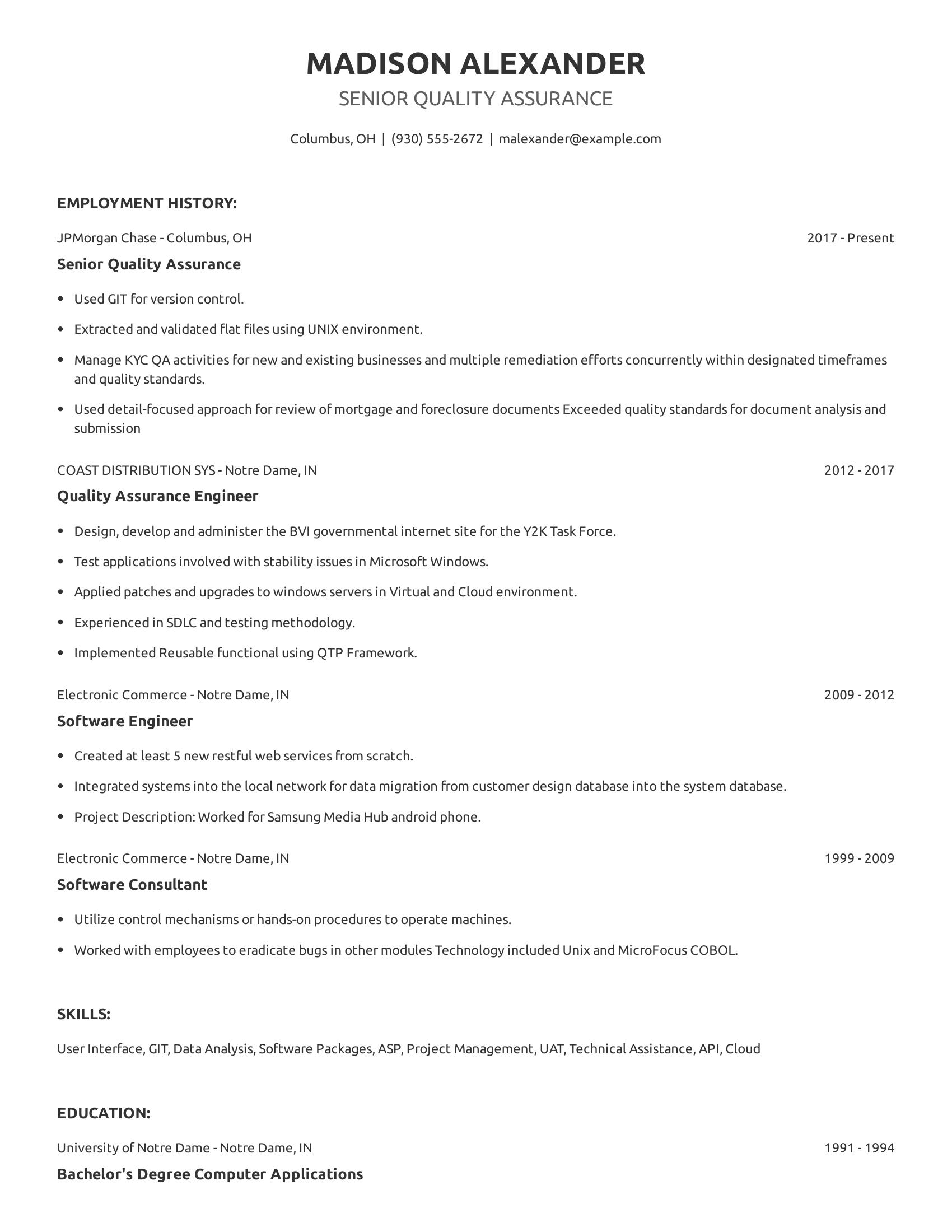 Senior Quality Assurance resume example