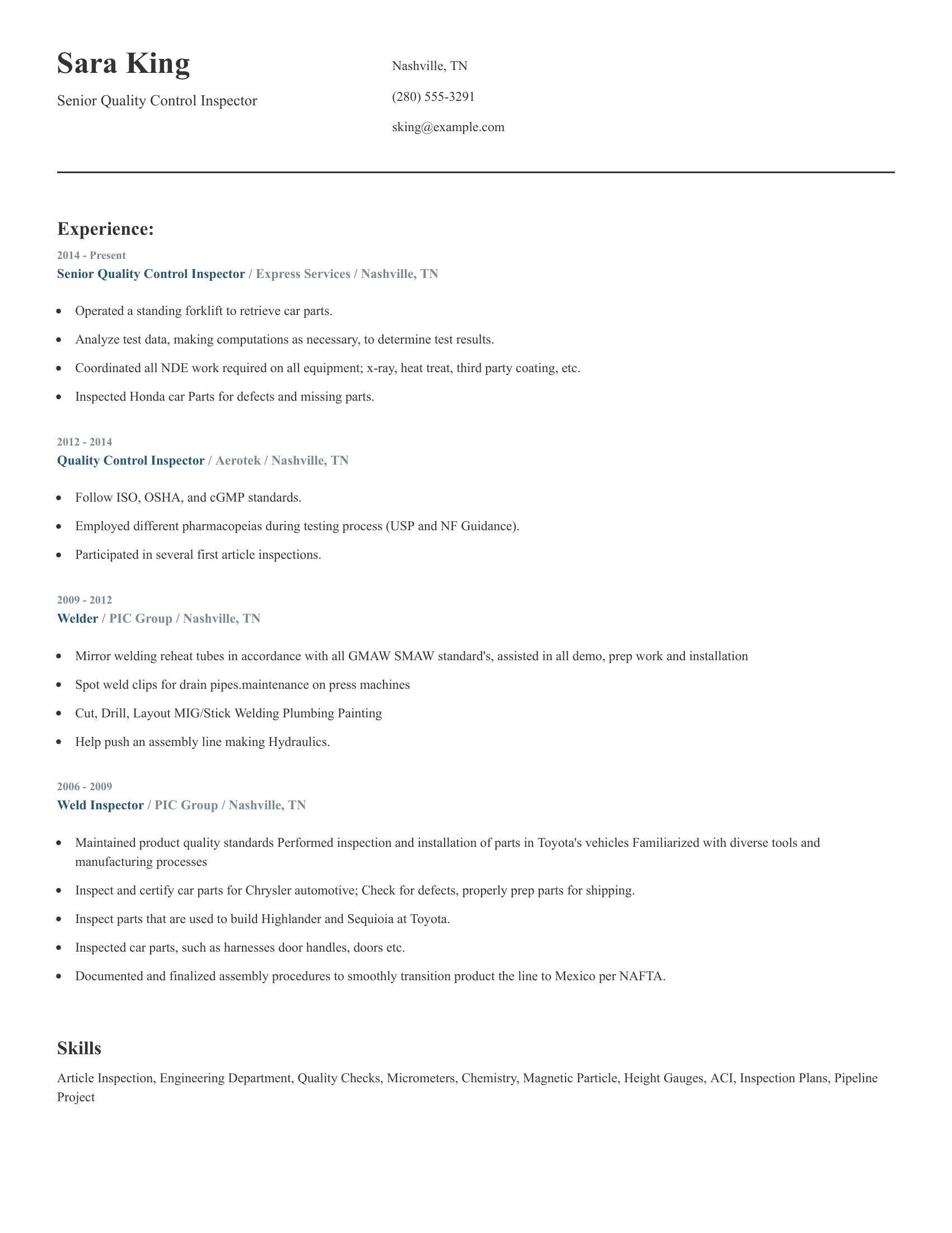 Senior Quality Control Inspector resume example