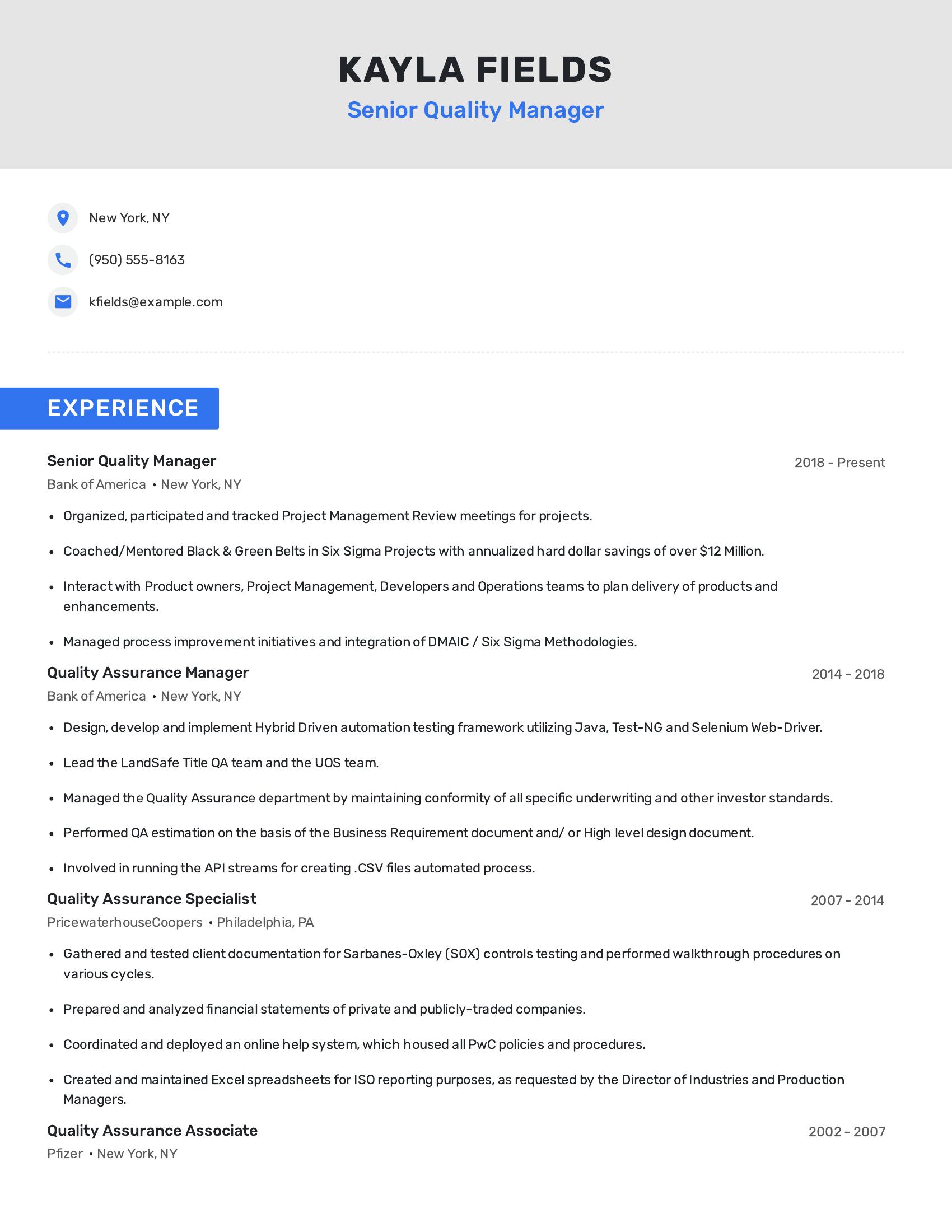 Senior Quality Manager resume example