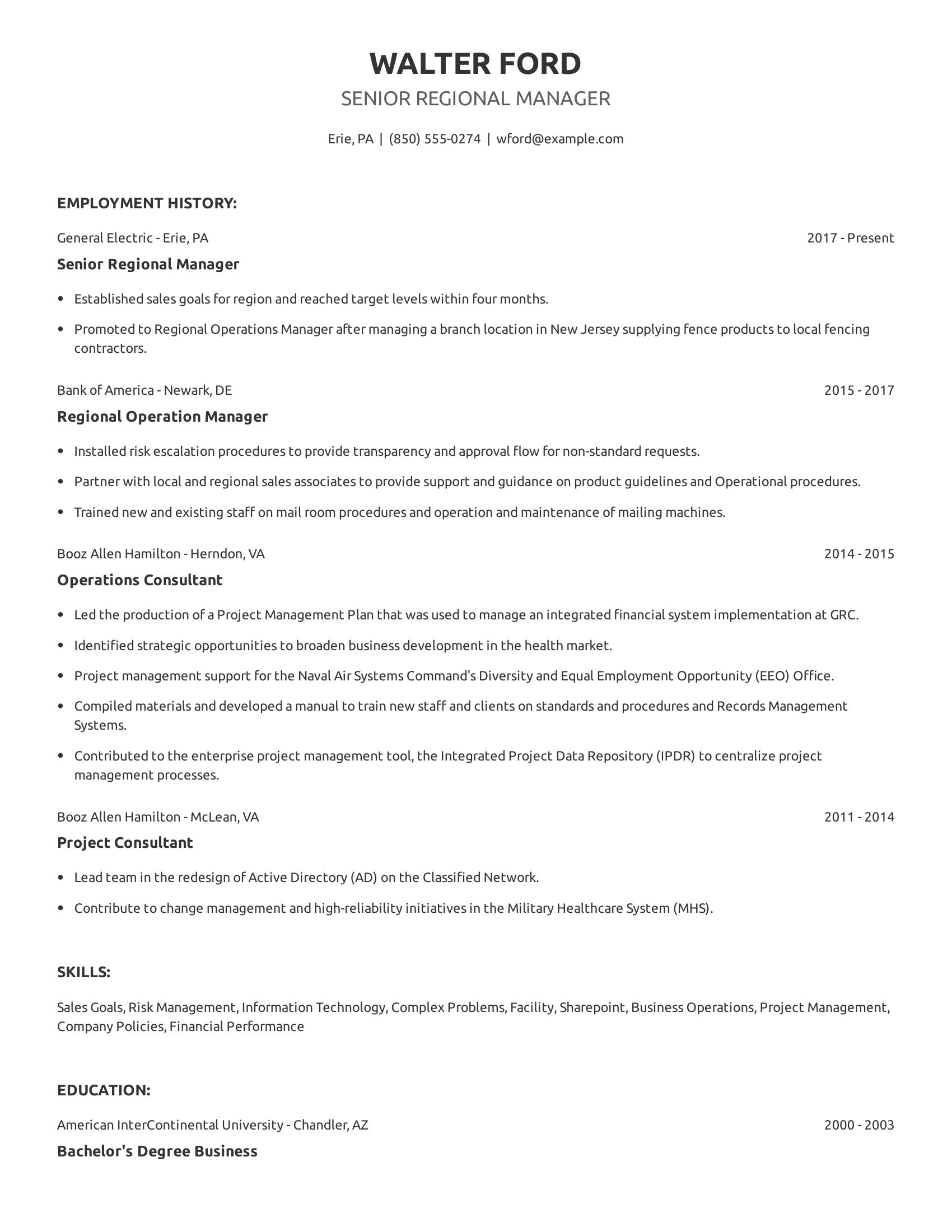 Senior Regional Manager resume example