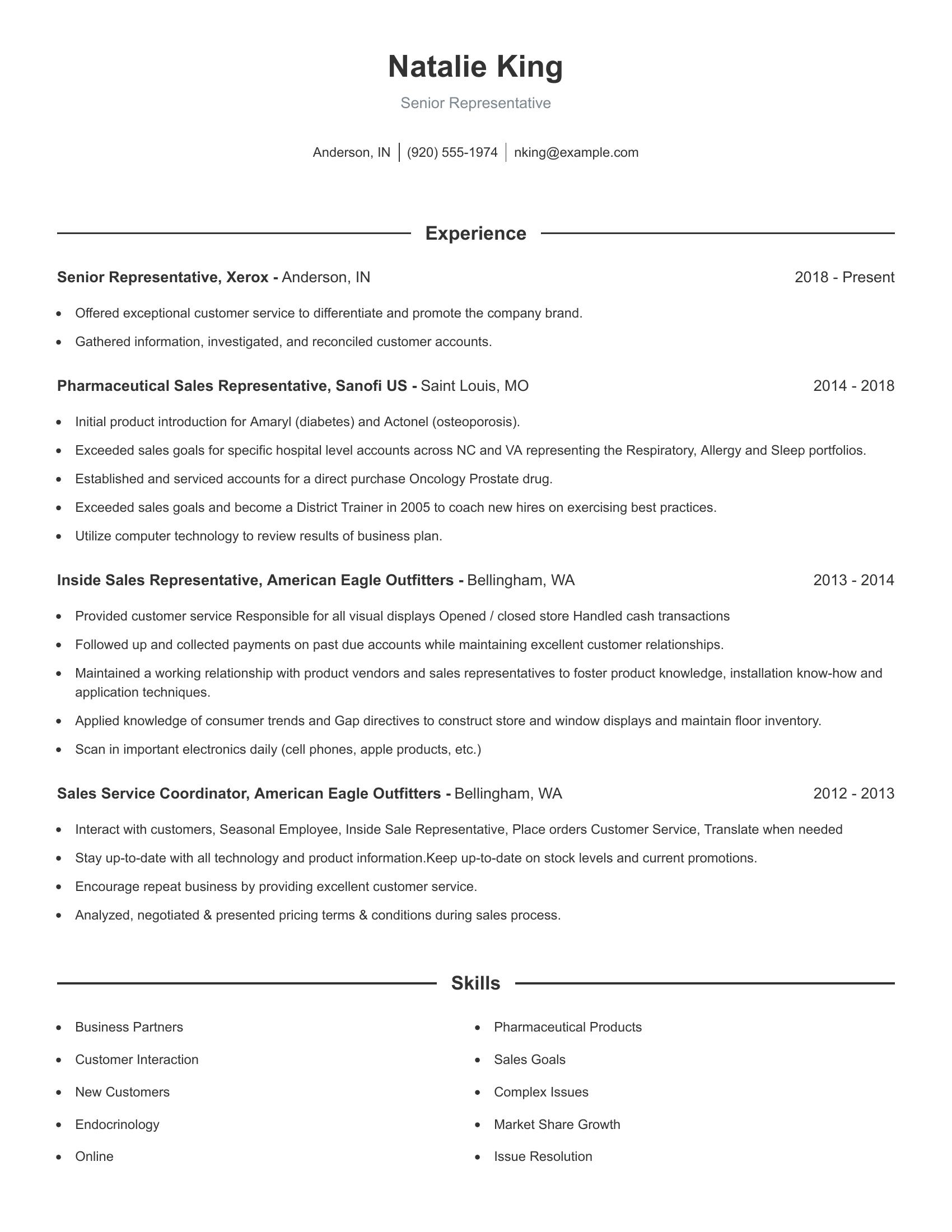 Senior Representative resume example