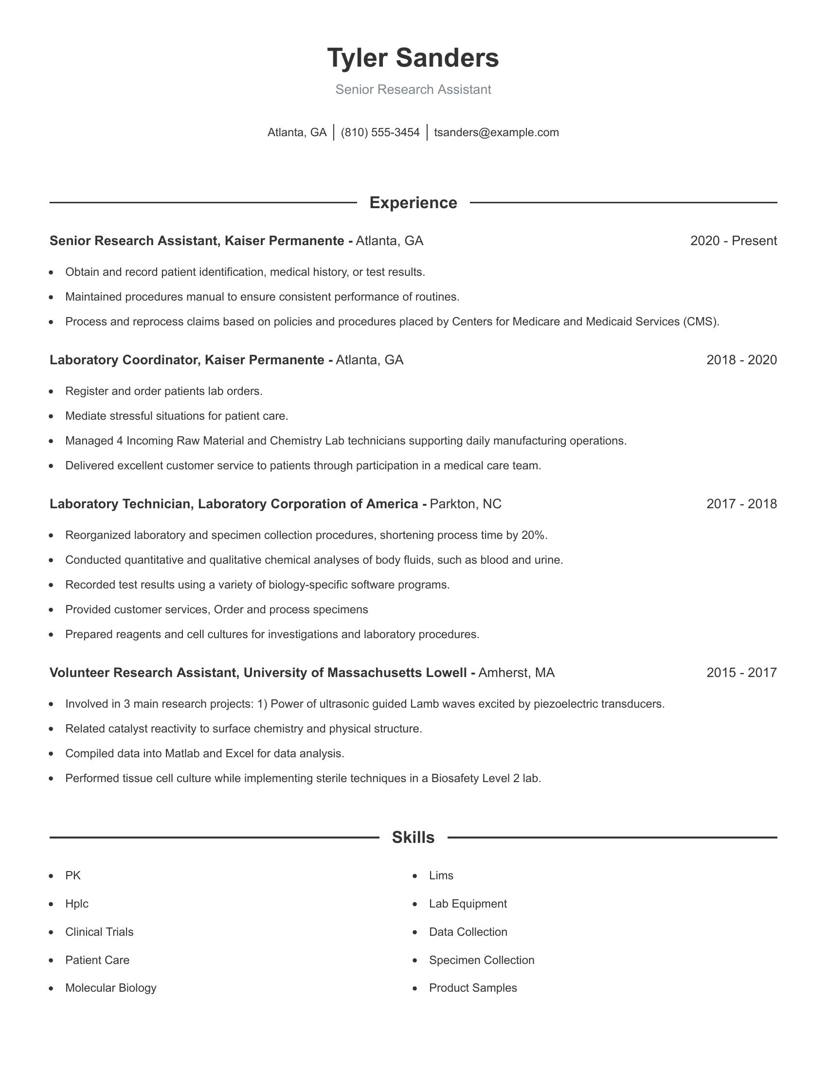 Senior Research Assistant resume example