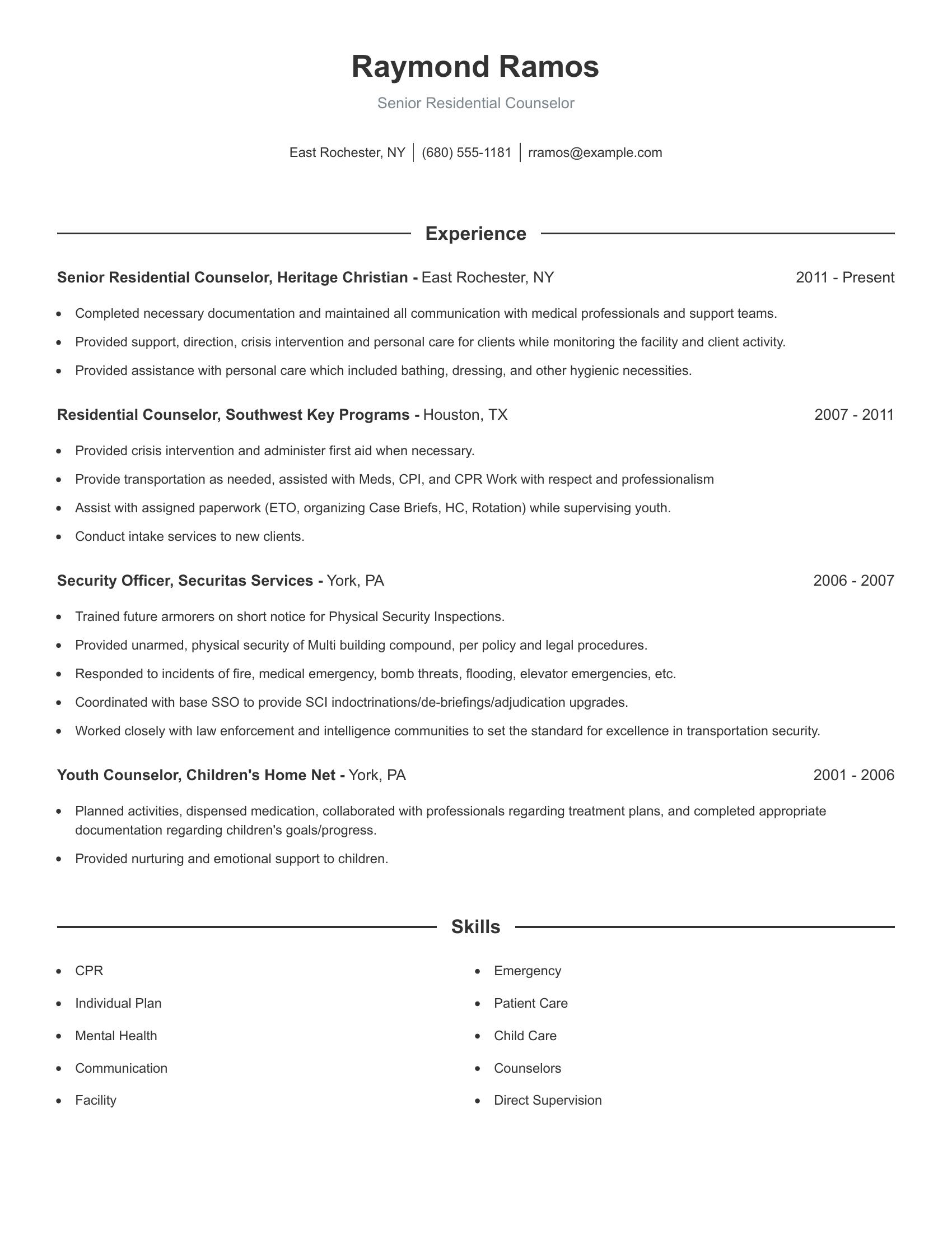 Senior Residential Counselor resume example