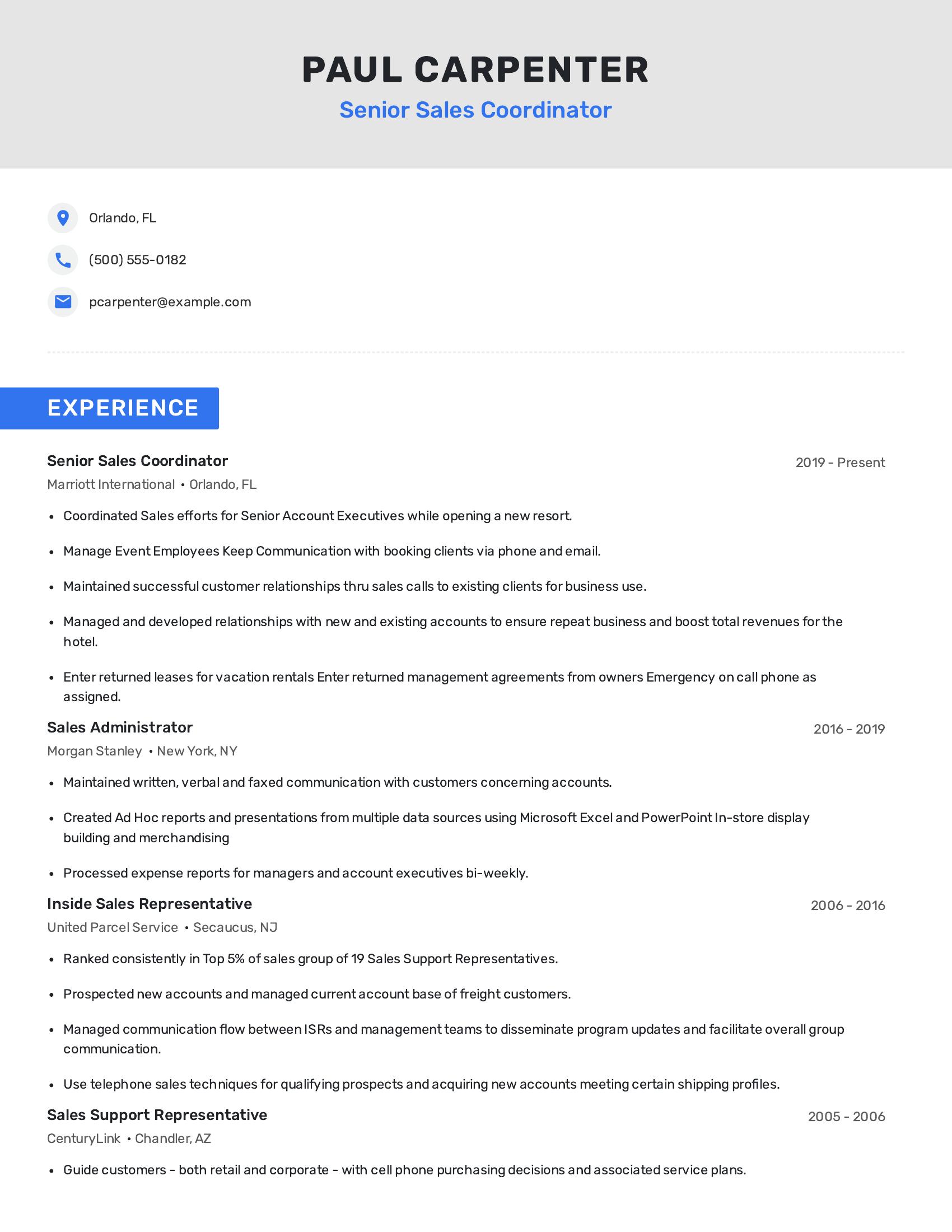 Senior Sales Coordinator resume example