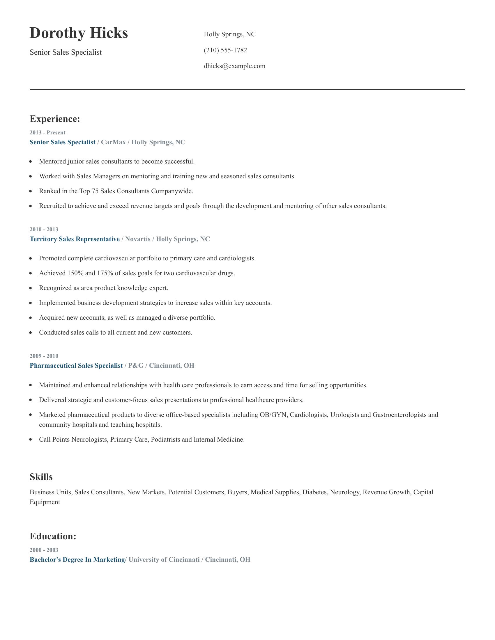 Senior Sales Specialist resume example