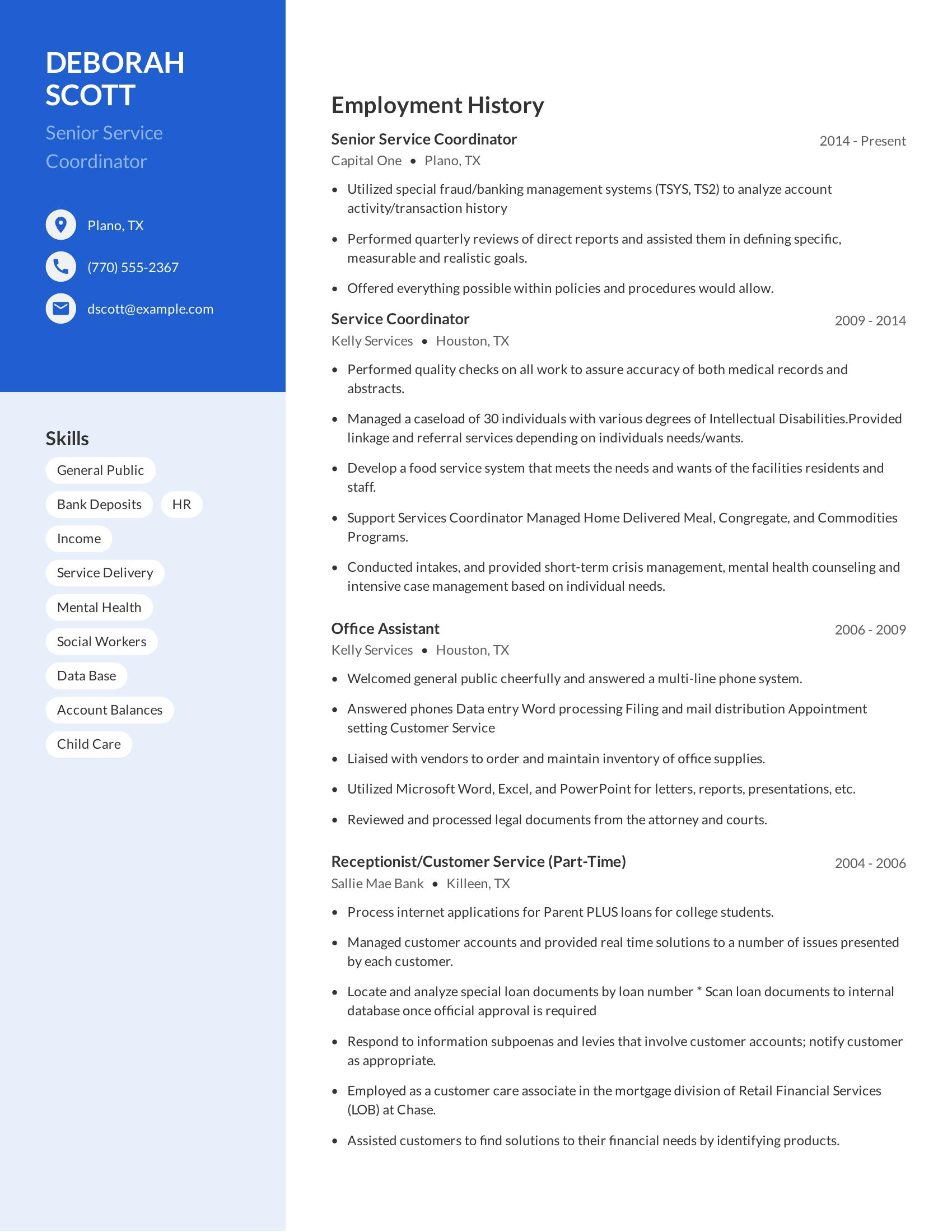 Senior Service Coordinator resume example