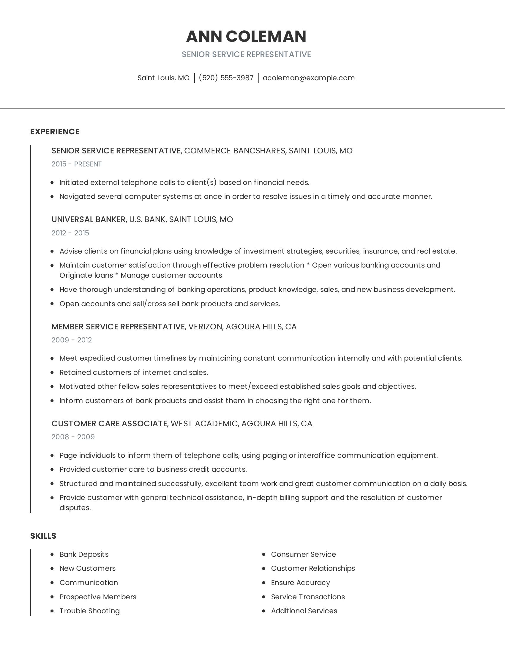 Senior Service Representative resume example