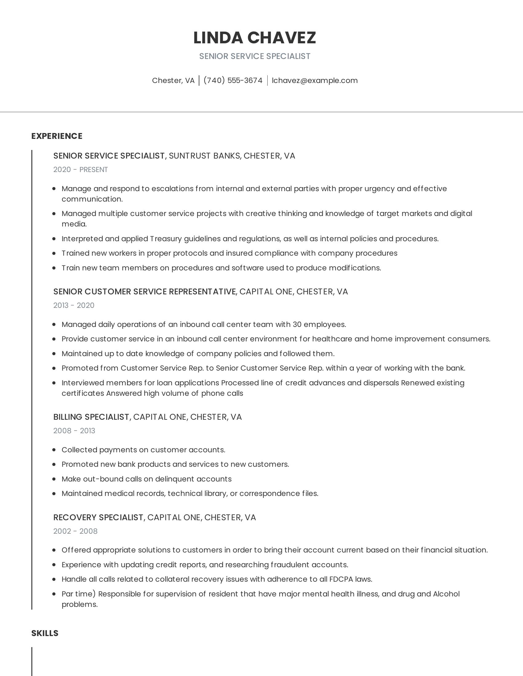 Senior Service Specialist resume example